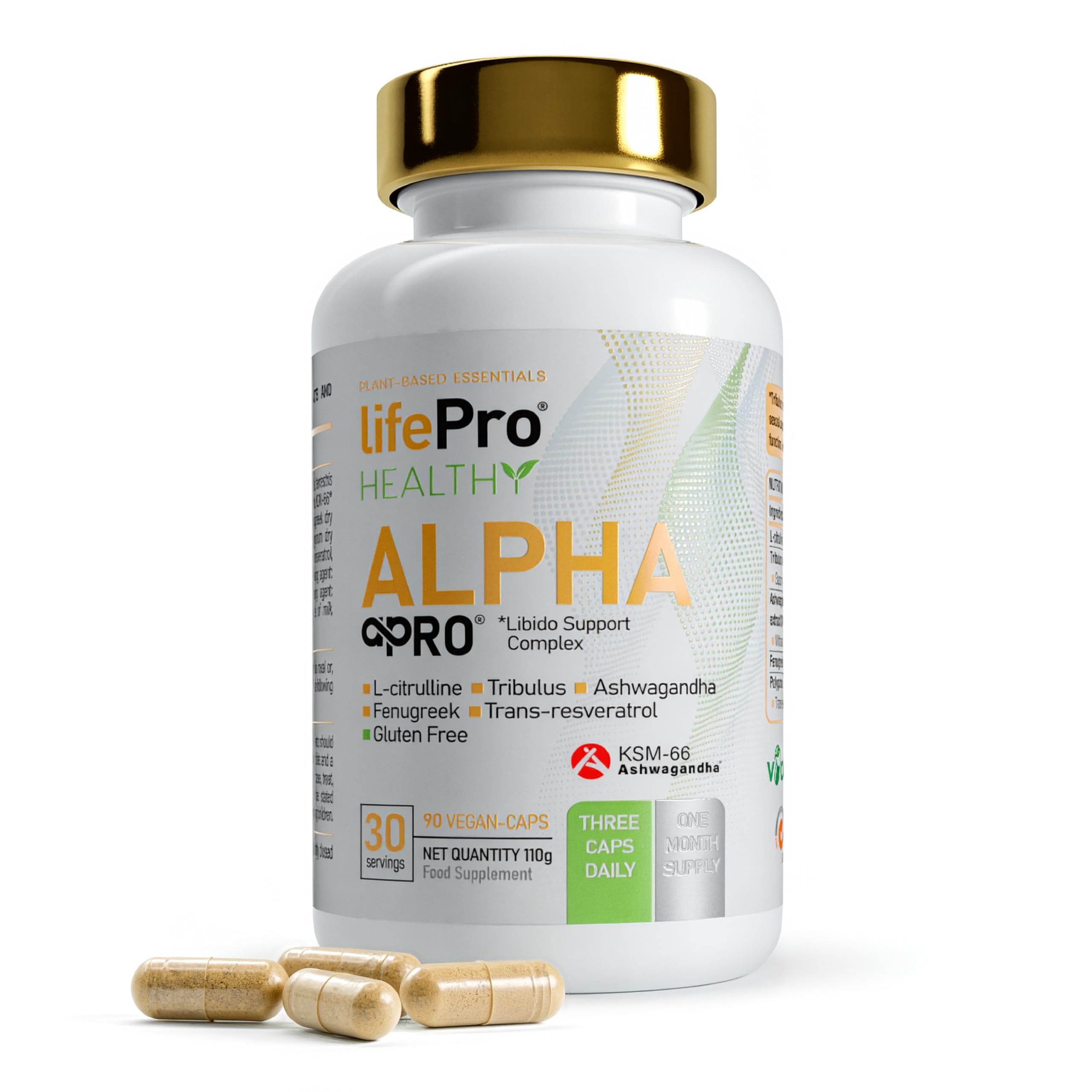 Potenciador testosterona y libido hombre, Tribulus Terrestris 90% Saponinas – Alpha Pro – Fórmula 5 en 1 con KSM-66® Ashwagandha, Fenogreco, L-Citrulina y Resveratrol – Fuerza, Energía y vitalidad.