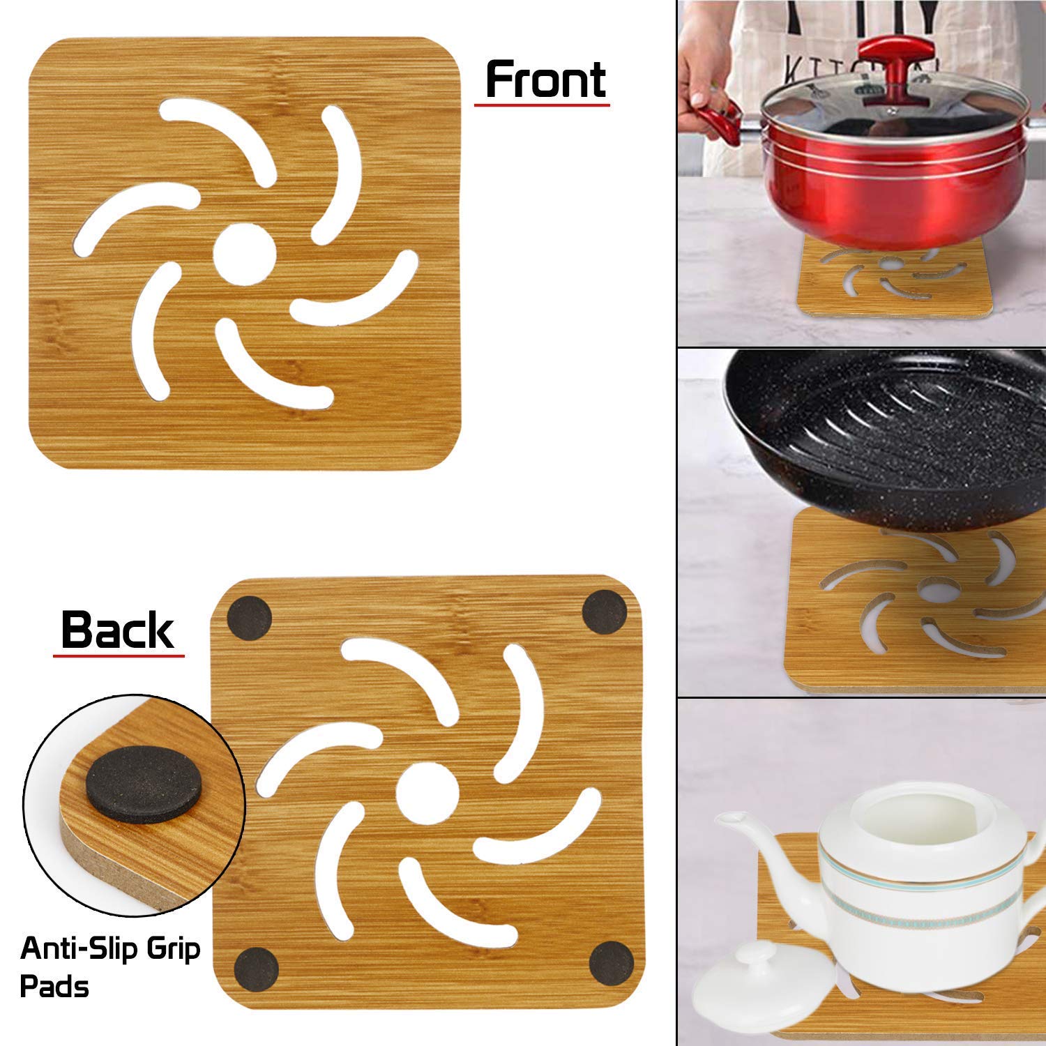 HOKIPO® Eco-Friendly Bamboo Wooden Coasters for Home Pan Pot Holder for Dining Table Heat Pad for Kitchen - Pack of 6 (AR2919*6) 1