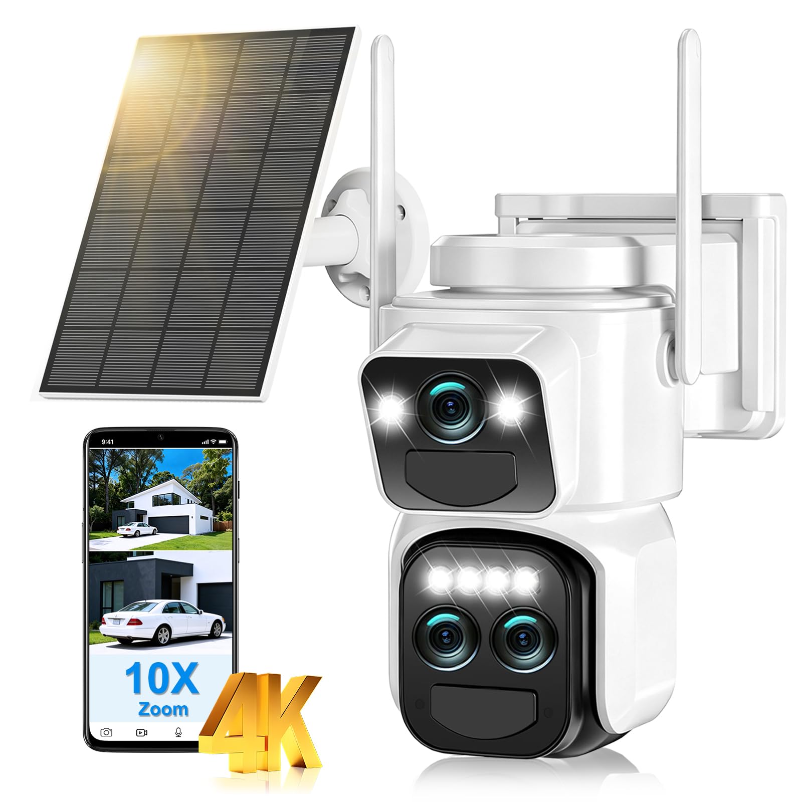 4K Caméra de Surveillance WiFi Exterieure sans Fil,10X Triple Objectif Camera Extérieur Solaire avec Panneau,Vision Vocturne,Alarme,Batterie,2.4GHZ,Audio Bidirectionnel,Suivi Automatique,IP66,355° PTZ