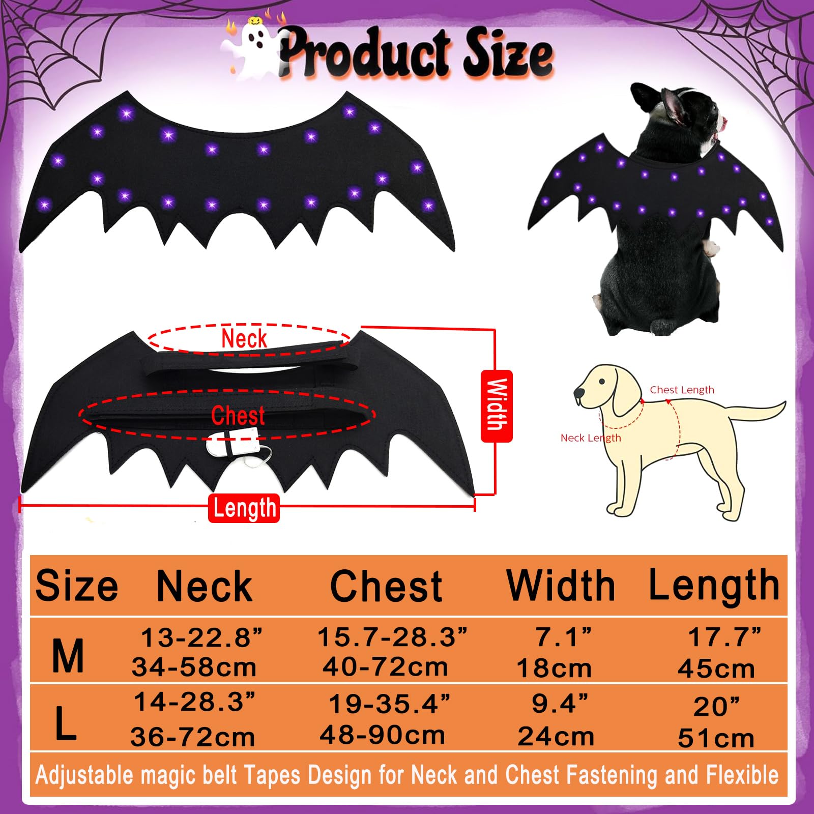 Costume da pipistrello per cani, con ali di pipistrello illuminate, costume per Halloween e animali domestici, con ali di pipistrello, per cosplay, divertente, per feste, abbigliamento alla moda, per