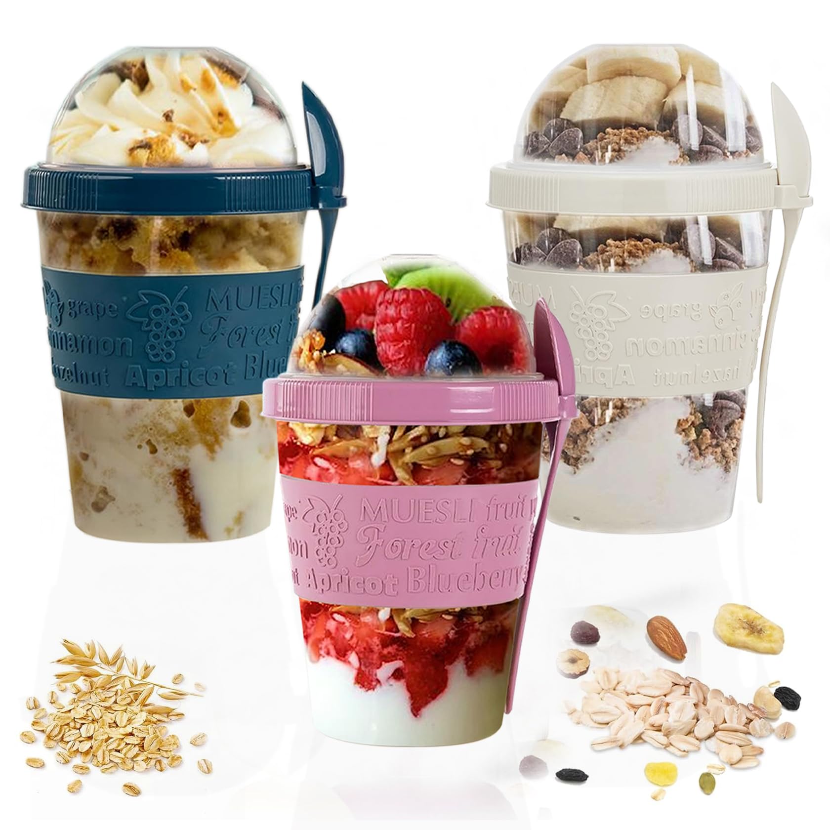 SAFRI 600ml Over Night Oats Container Reusable Yogurt Cups 100% BPA Free Breakfast On The Go Cereal Yogurt Pot with Lids and Spoon (White, Pink & Teal Blue Cup)