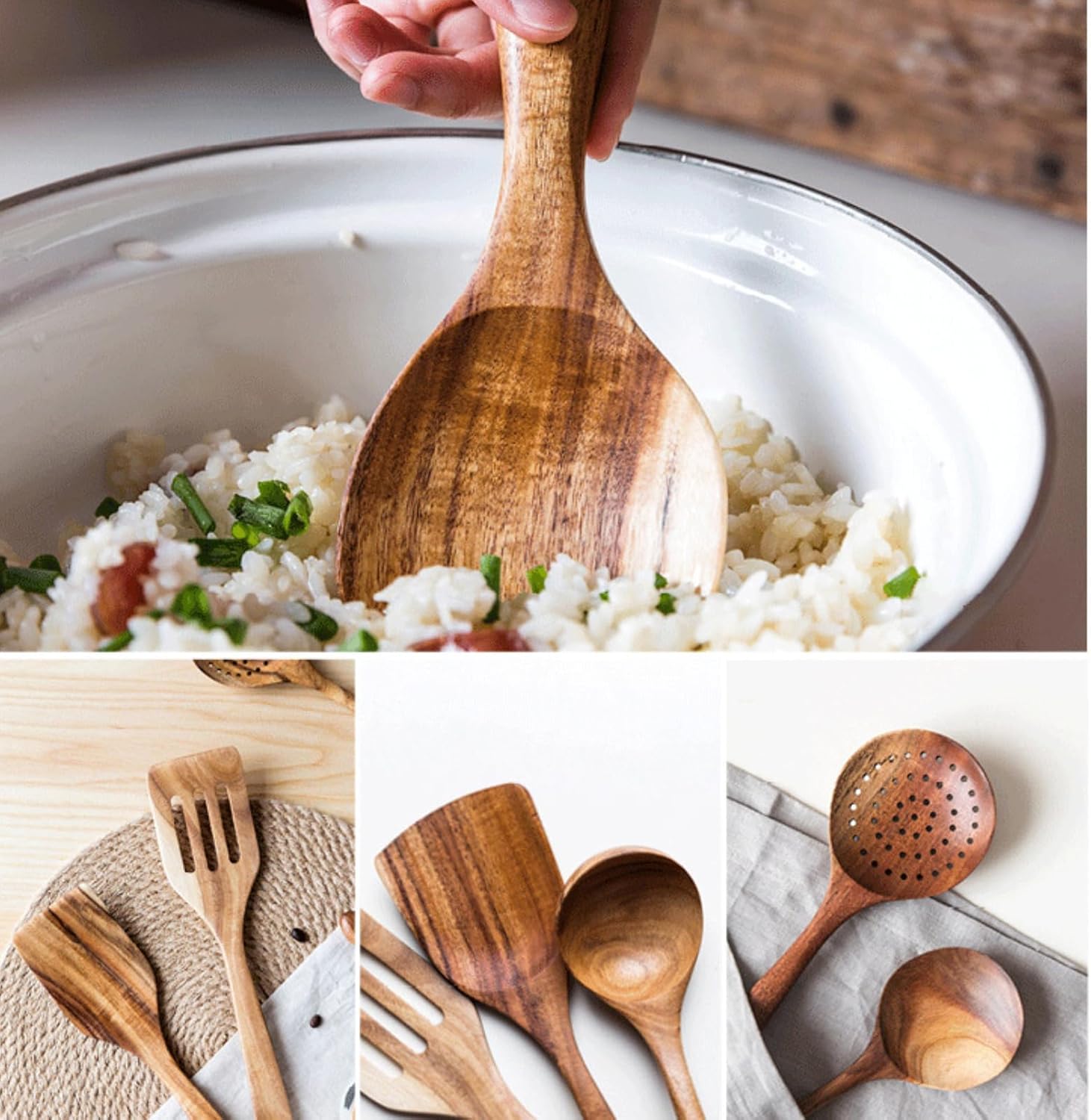 12 Pcs Wooden Spoons for Cooking, Wooden Utensil Set Acacia Wooden Spatula Set Wood Kitchen Tools with Holder