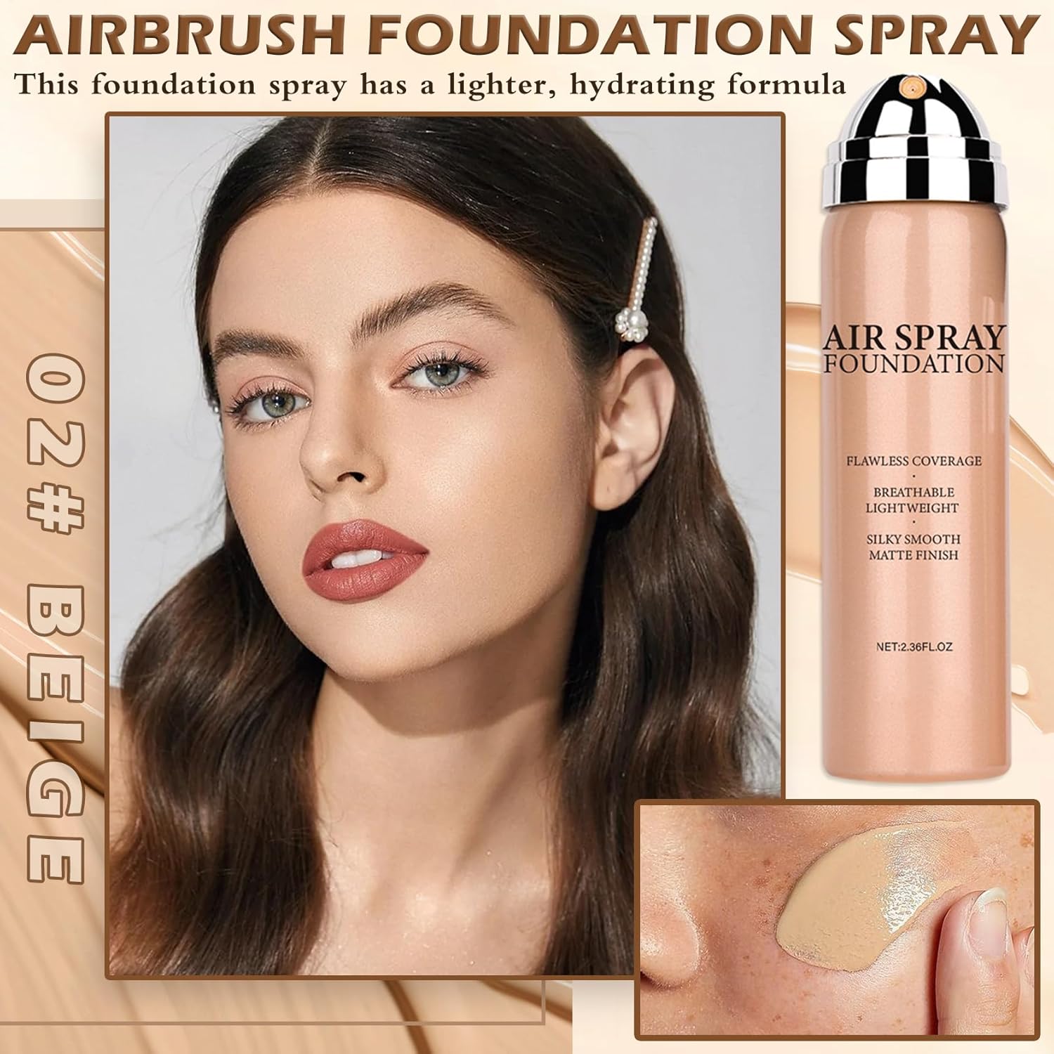 AIUEO Airbrush Foundation Makeup Spray for Mature Skin Lightweight Full Coverage Airbrush Flawless Setting Spray Foundation Makeup-Beige - Image 2