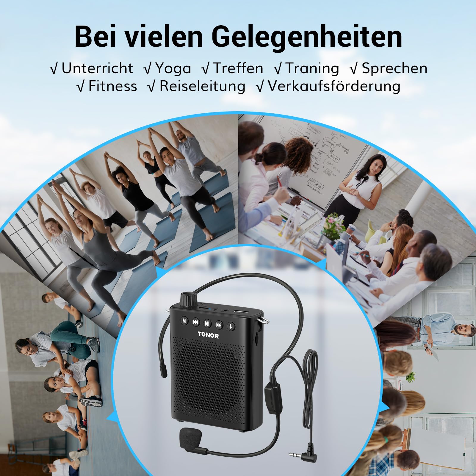 TONOR Sprachverstärker Tragbar, Wiederaufladbarer Mini Stimmverstärker mit Bluetooth Lautsprecher, 100 cm Kabelgebundenem Mikrofon-Headset, PA-System für Trainer, Reiseführer, Tagungen, Fitness, K10