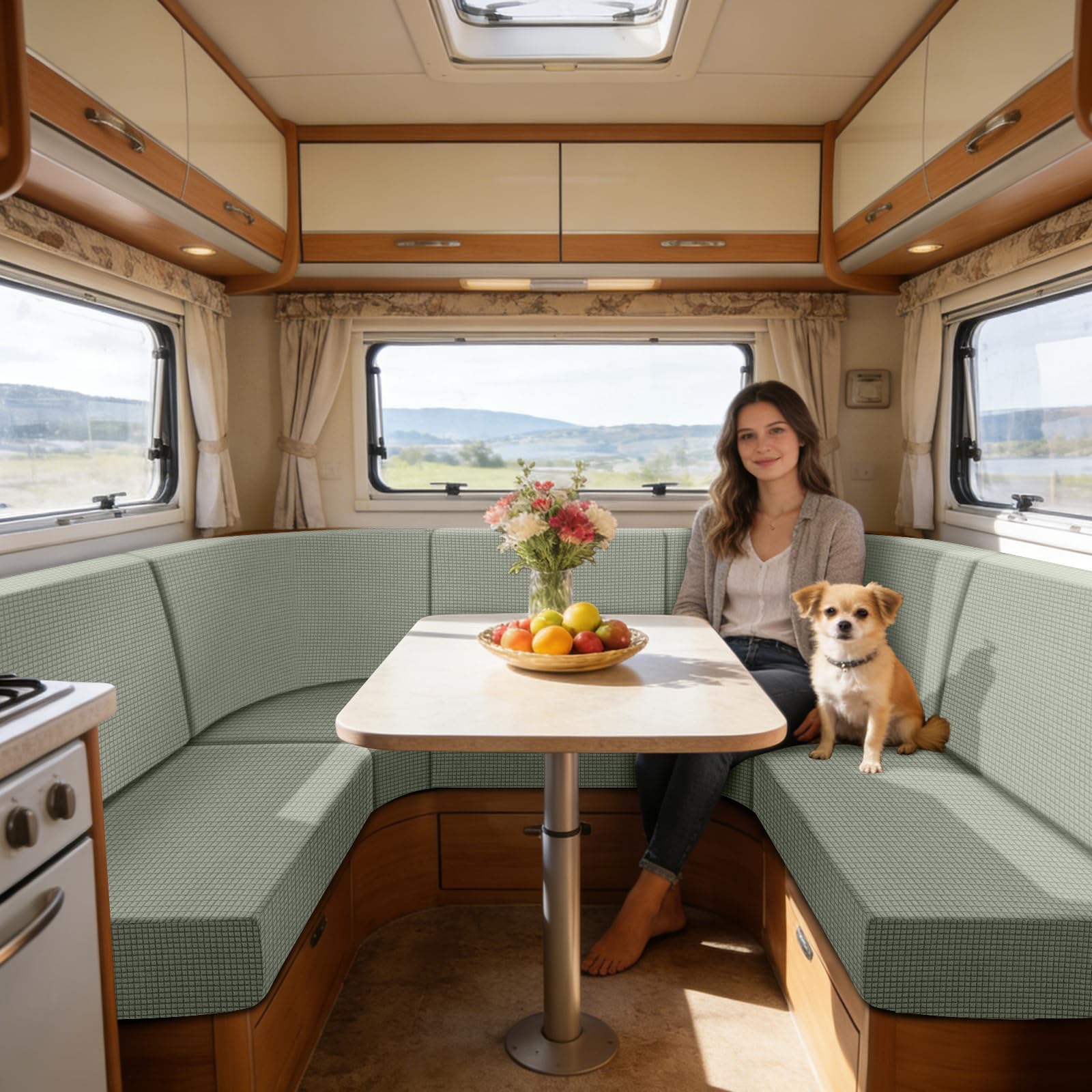 SYLC Caravan Seat Cover Stretch Jacquard, Non-slip RV Dinette Cushion Covers with 2 Straps, Couch Cushion Covers for Camper Sofa Bench (Mint green,Corner backrest)