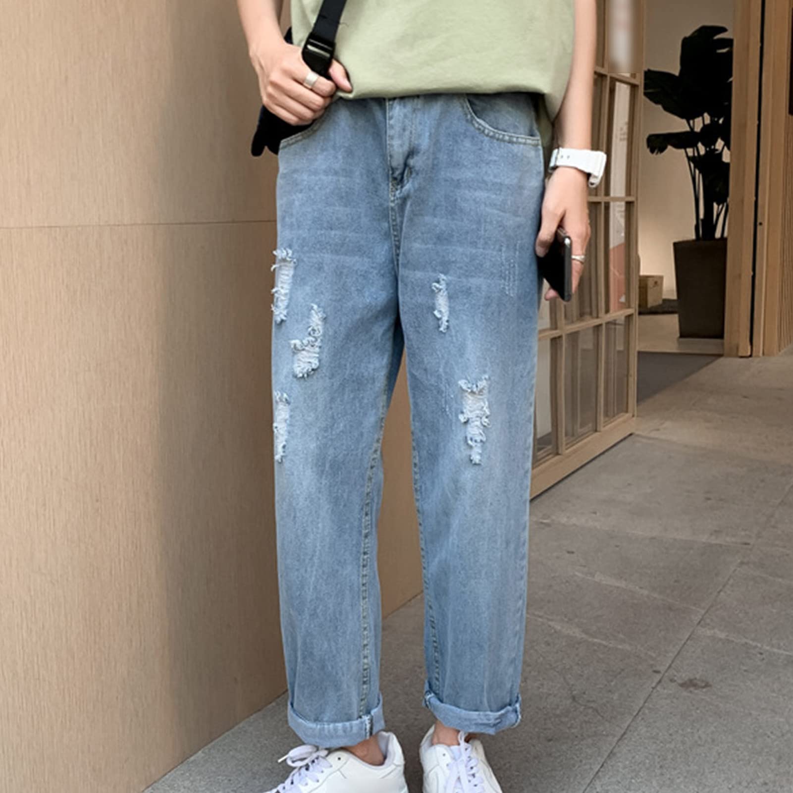 Maiyifu-GJ Ripped Distressed Jeans for Men Slim Fit Straight Leg Crop Denim Pants Destroyed Regular Fit Casual Jean Trousers (Blue,X-Large)