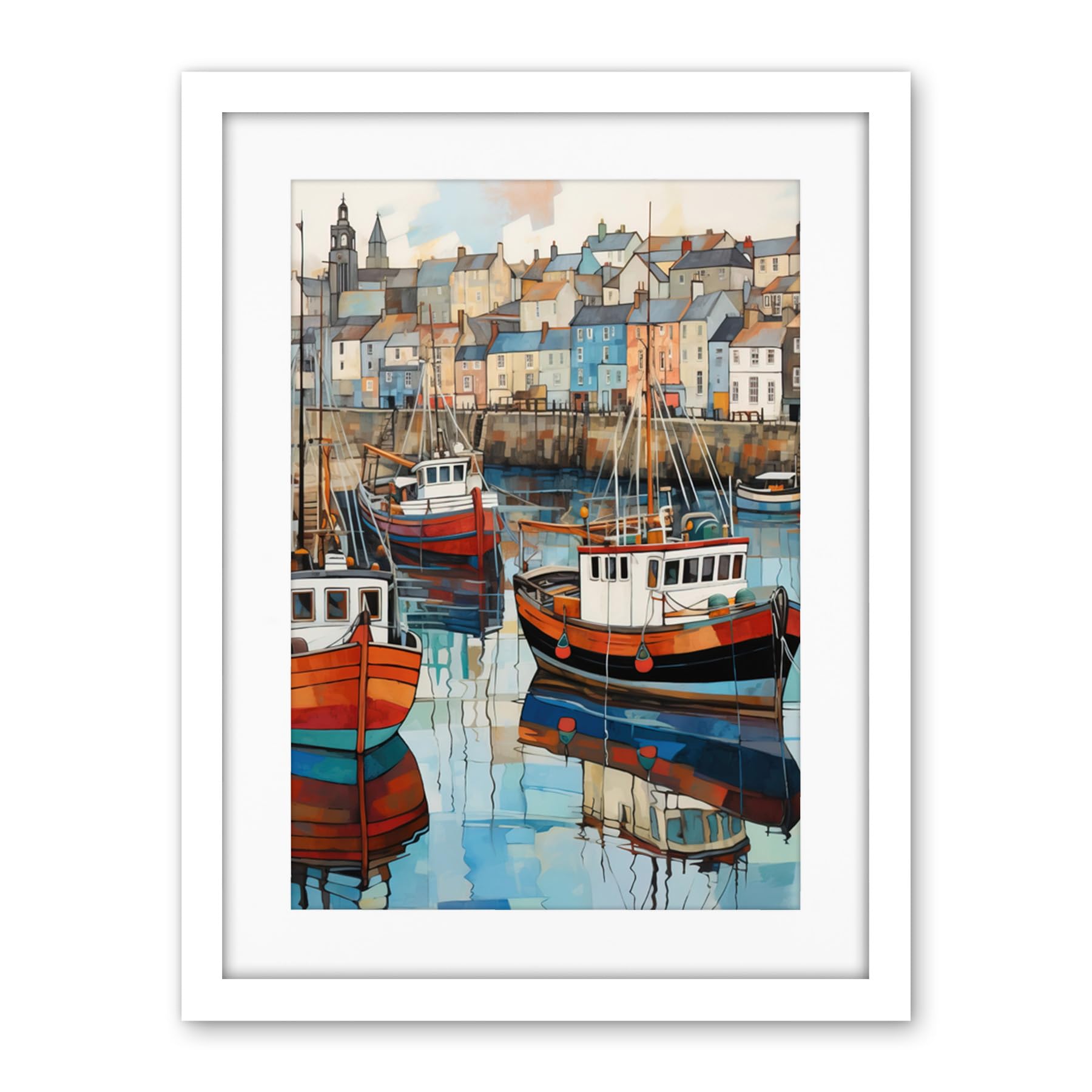 Artery8 Newlyn Harbour Trawler Boats Promenade Watercolour Painting Cornwall Coastal Townscape Artwork Framed Wall Art Print 18X24 Inch