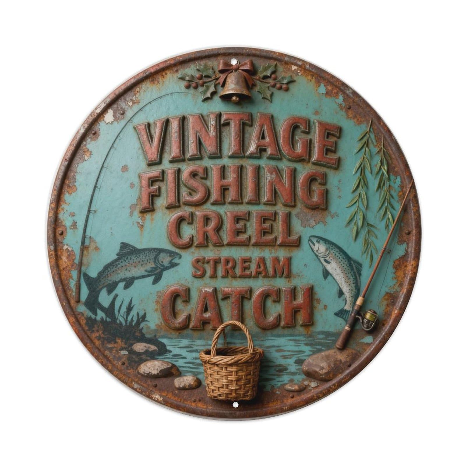 VINTAGE FISHING CREEL TROUT STREAM CATCH Metal Tin Sign Plaque