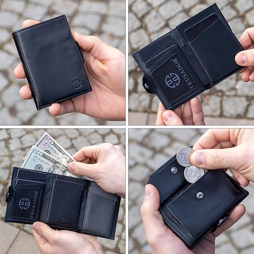 Miniatura 4 de TRUSADOR Toscana - Cartera de piel triple para hombres y mujeres, tarjetero con protección RFID (con bolsillo para monedas, negro)