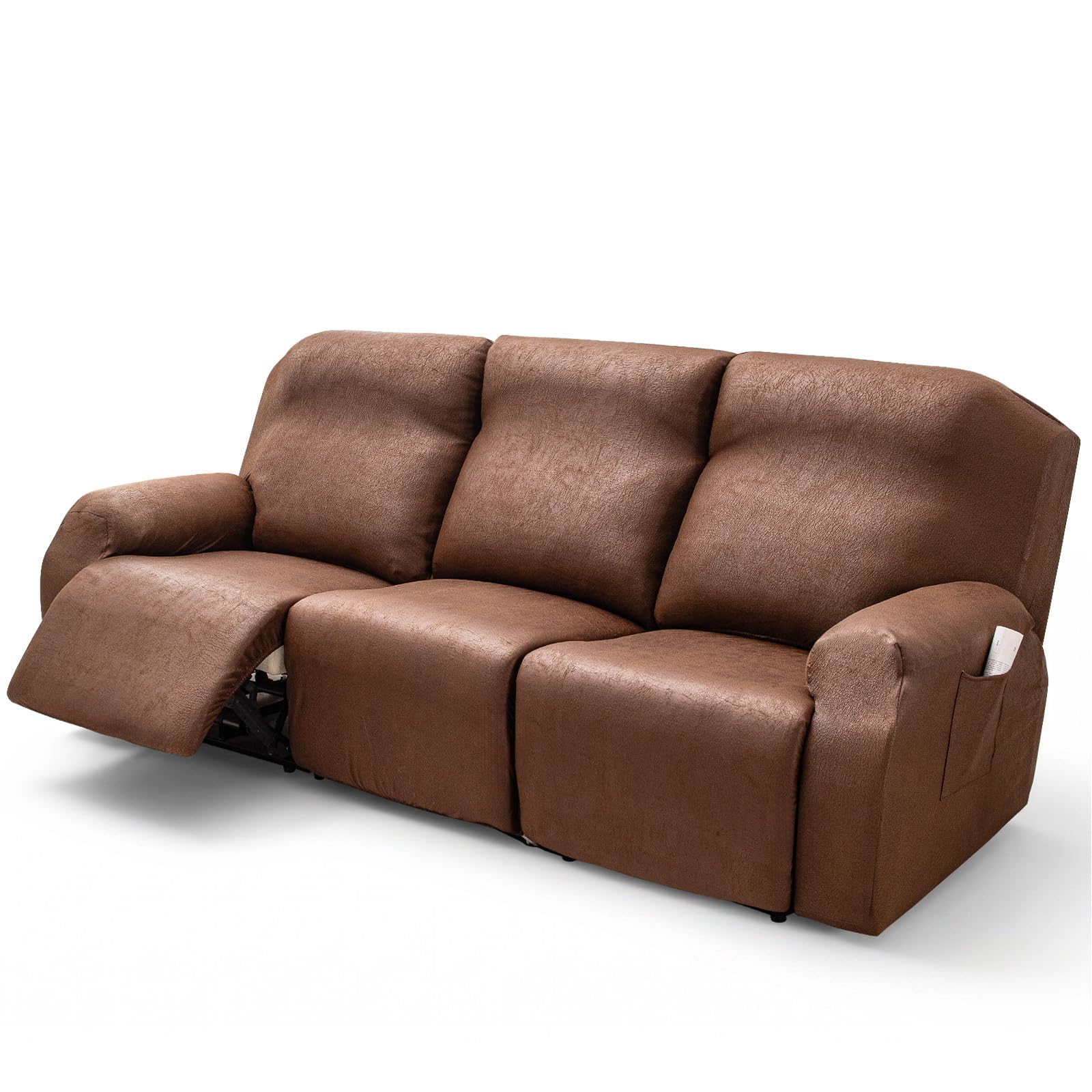 OKUYUK Recliner Chair Cover, 8-Pieces Stretch Faux Leather Grain Recliner Covers for Reclining Chair, Soft Slipcover Furniture Protector for Dogs Cats (Coffee Faux Leather, 3 Seater) — image 1