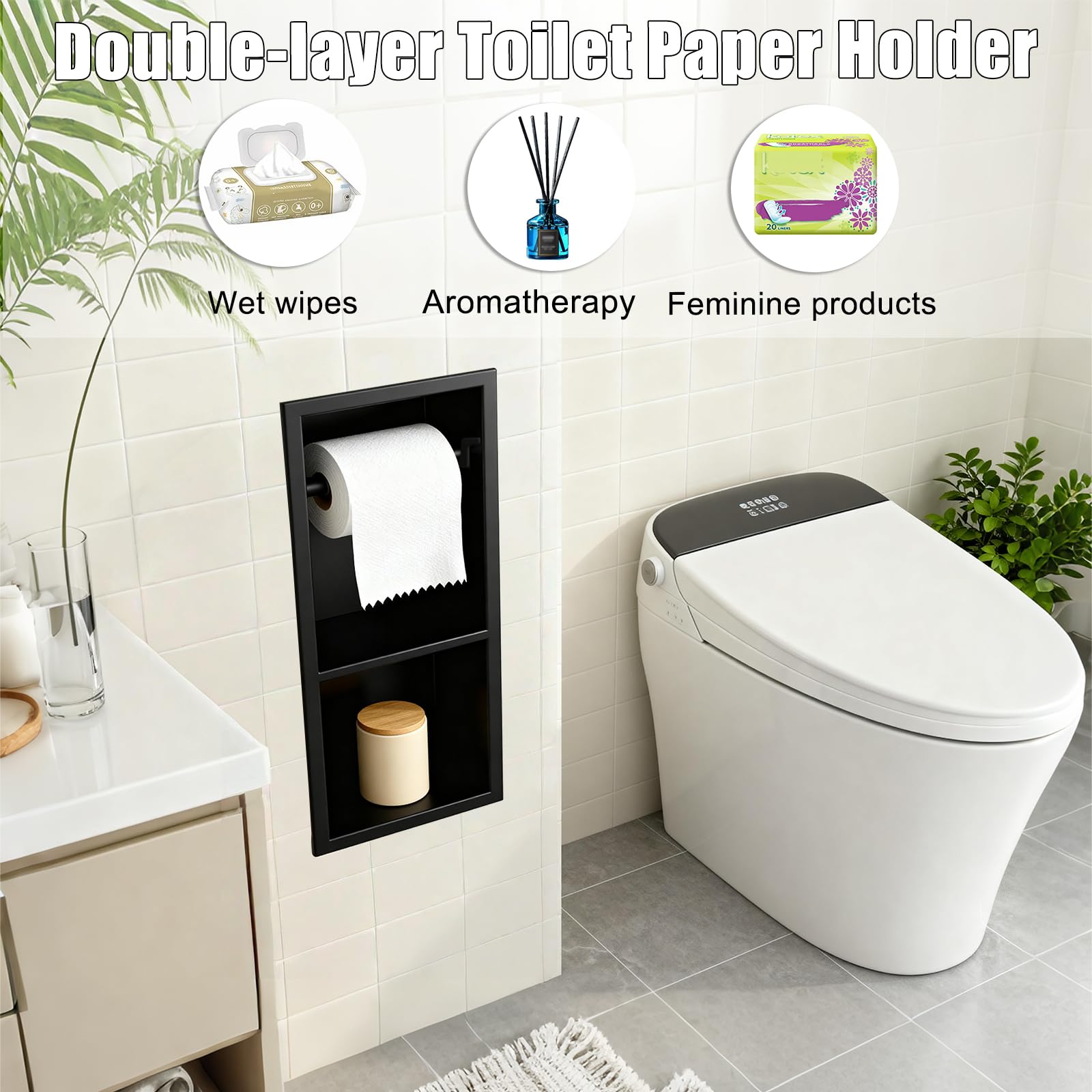 Recessed Toilet Paper Holder, Bathroom Toilet Paper Roll Holder, Black — Amazon image 3