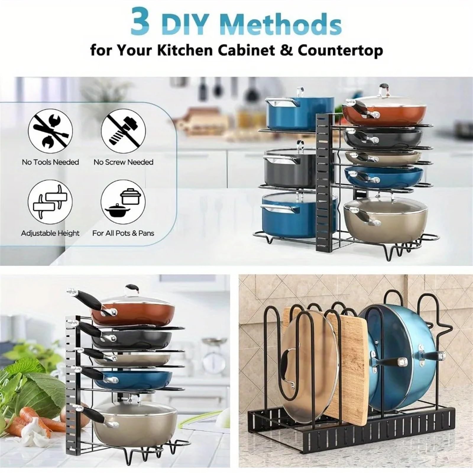 Portapentole Organizer for portapentole da cucina regolabile | Robusto porta pentole e pentole, ripiano in metallo salvaspazio for armadietto(5 Tier)