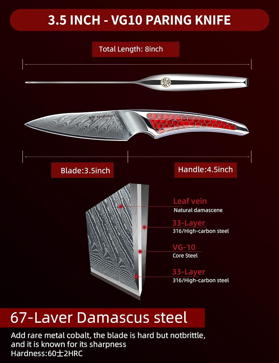 3.5 inch Paring Knife, Japanese VG-10 Damascus Steel Kitchen Knife, Ultra Sharp Fruit Knife with Full-tang Handle in Red Resin, LA-S9 Series