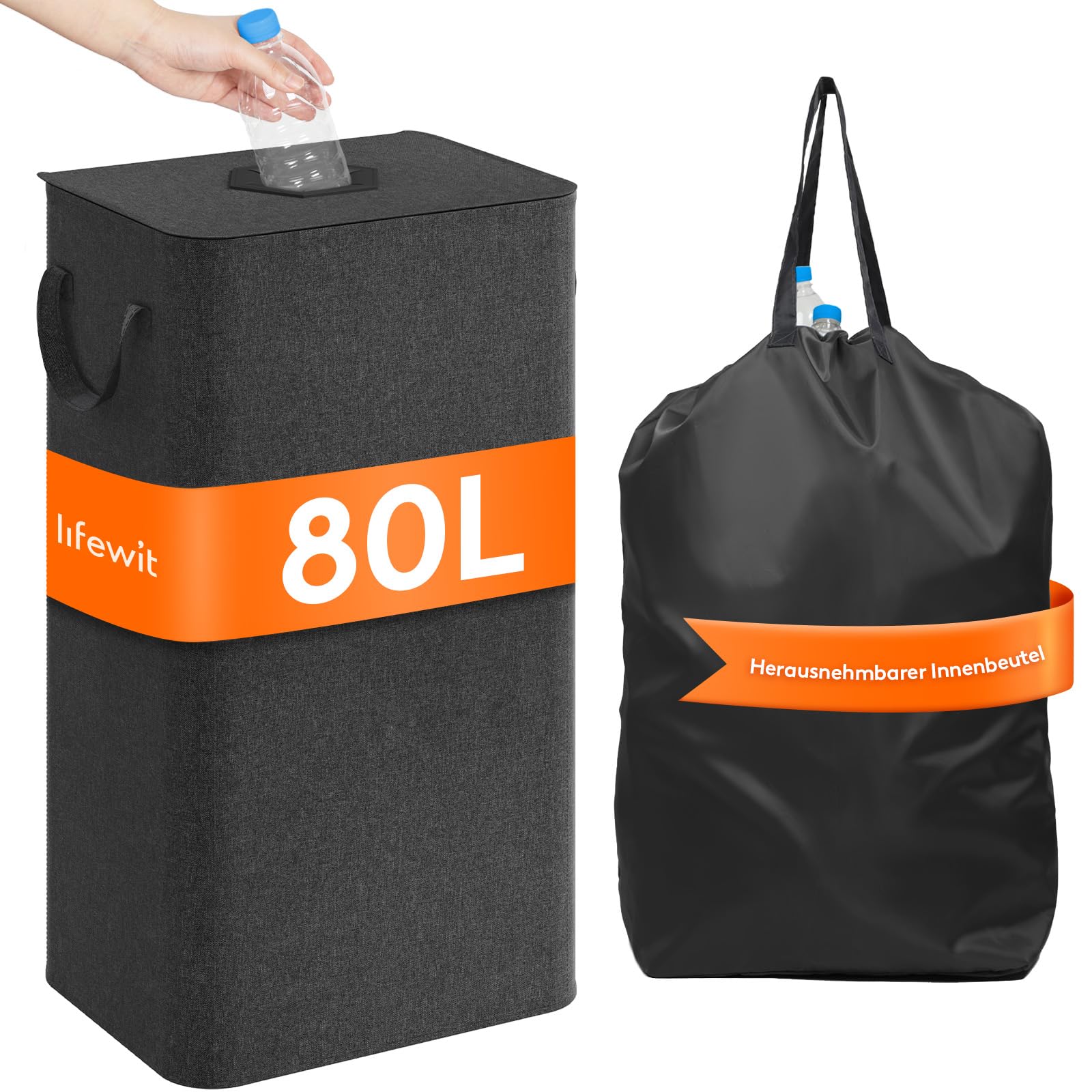 Lifewit 80L Pfandflaschen Sammelbehälter mit Deckel, Groß Pfandflaschen Aufbewahrung, Behälter Leergut & Altglas Aufbewahrung, Flaschensammler mit Loch Küche Abstellraum Flaschentasche, Dunkelgrau