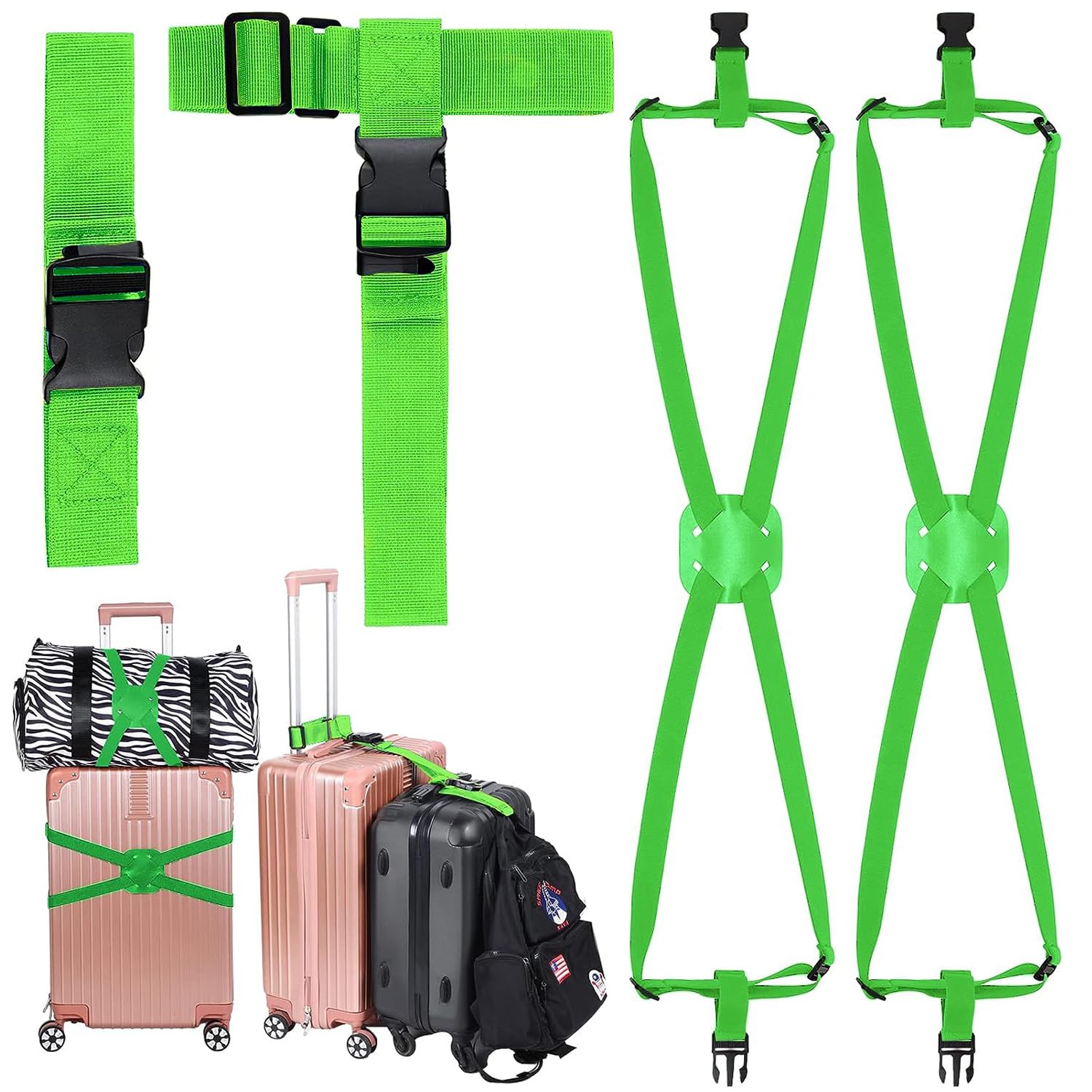 Zurligi 2+2 Pack Luggage Strap for Suitcases, Adjustable Suitcase Straps Belts, Travel Accessories for Safely Closing the Suitcases While Travelling and Marking Luggage (Green)