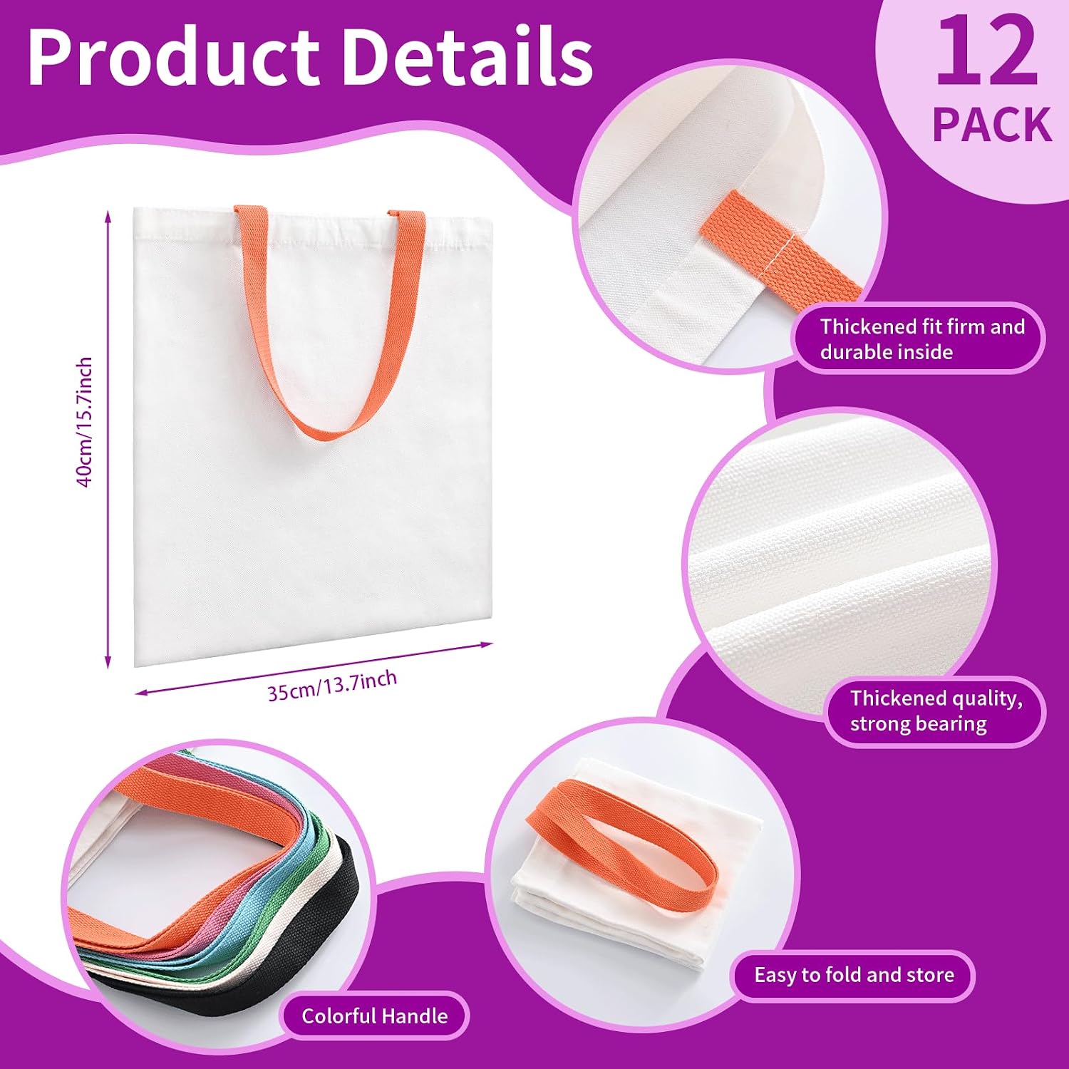 12Pack Canvas Tote Bags Bulk, 10oz Cotton Blank Canvas Tote Bags image 3