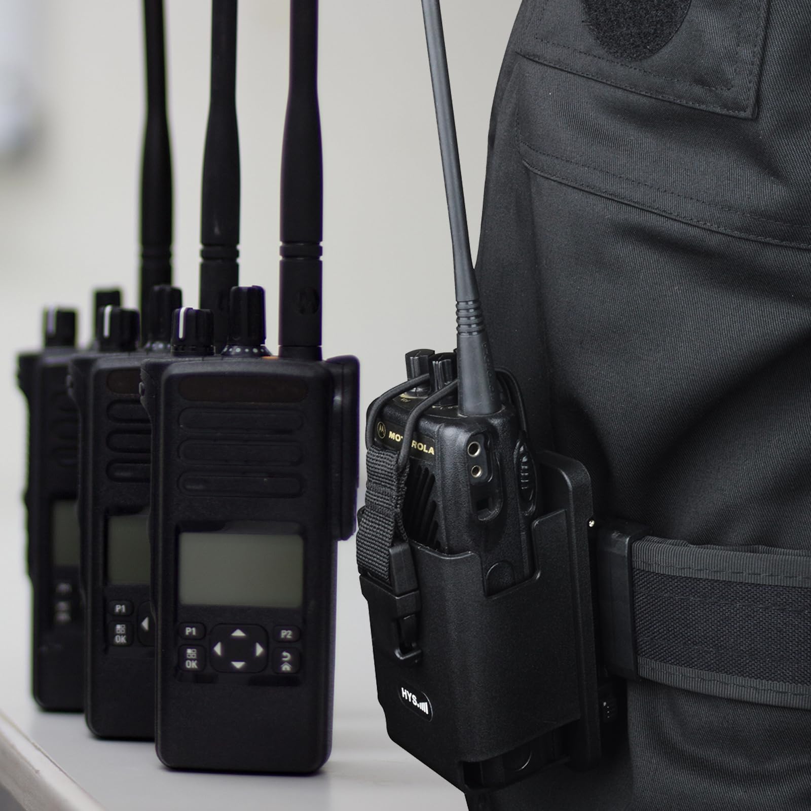 HYS Custodia per walkie talkie in pelle TPU, compatibile con Motorola Hytera Kenwood Baofeng QuanshengBelt Holster,ABS Molle System Clip