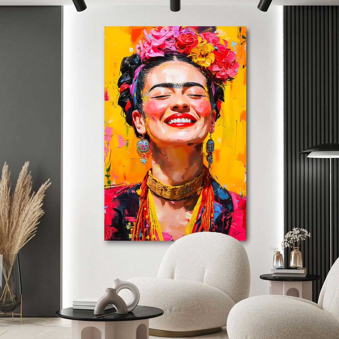 Kunstgestalten24 Frida Kahlo Lacht obraz na płótnie z ramą z prawdziwego drewna 60 x 90 cm