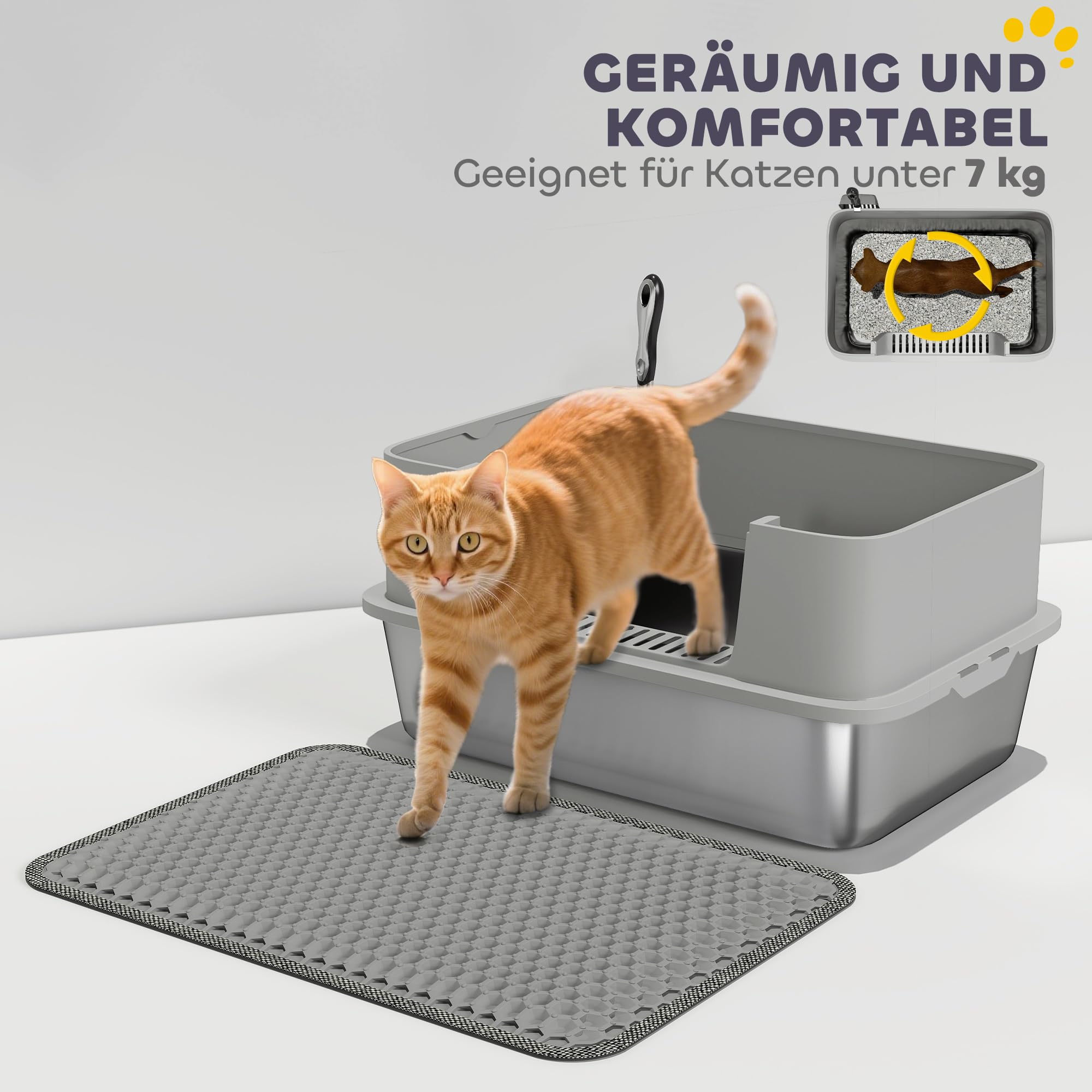 PawHut Katzentoilette XXL für Große Katzen 60,2 x 40,2 x 29,5 cm, Grau | Edelstahl, Offene Katzenklo Ohne Deckel, Mit Schaufel, Hohem Rand, Matte, Cat Litter Box, Bis 7 kg