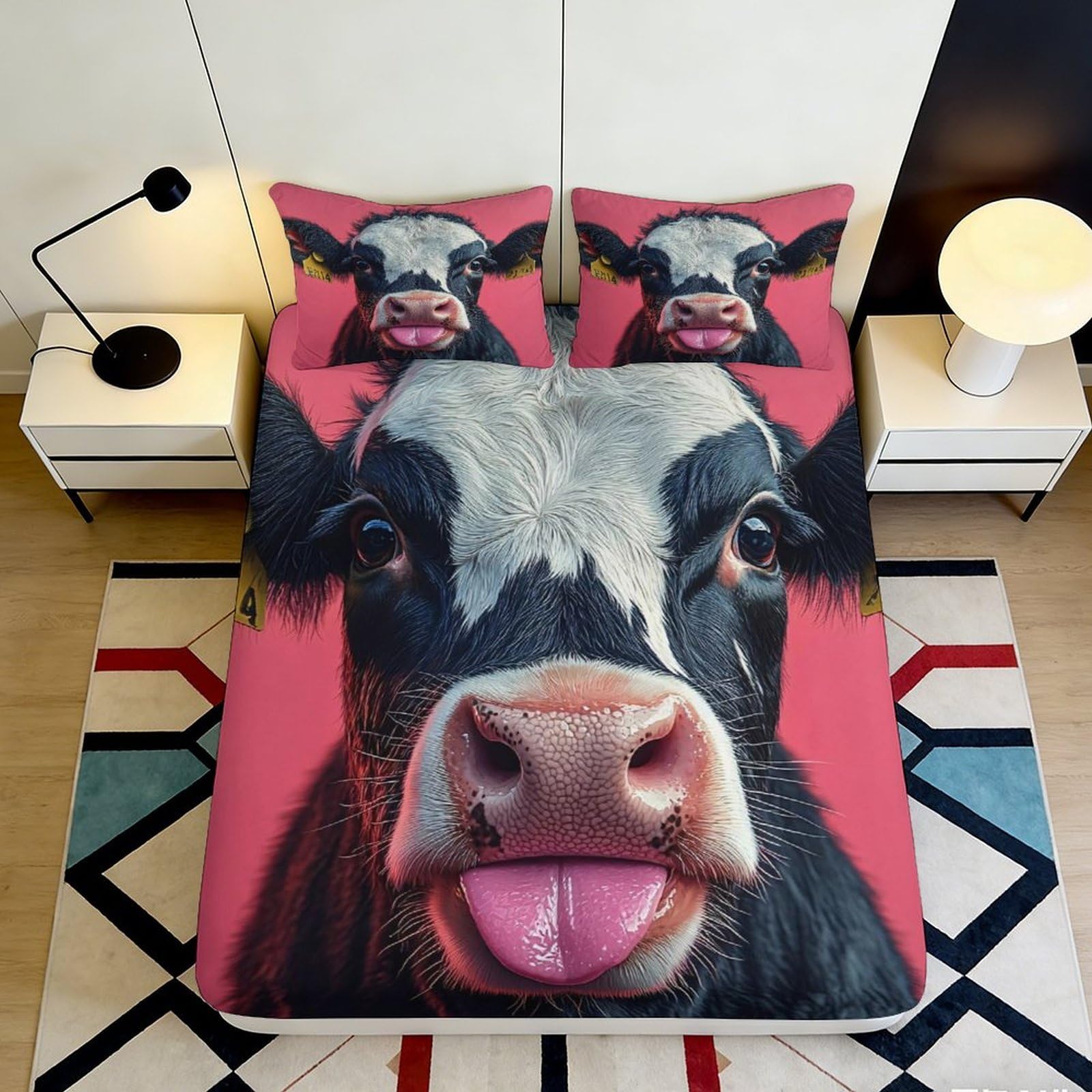3D Printed Lively Cow Face Fitted Sheet Microfiber Cartoon Animal Mattress Cover for Bedroom Dorm Decor Easy Care 90x200x25cm