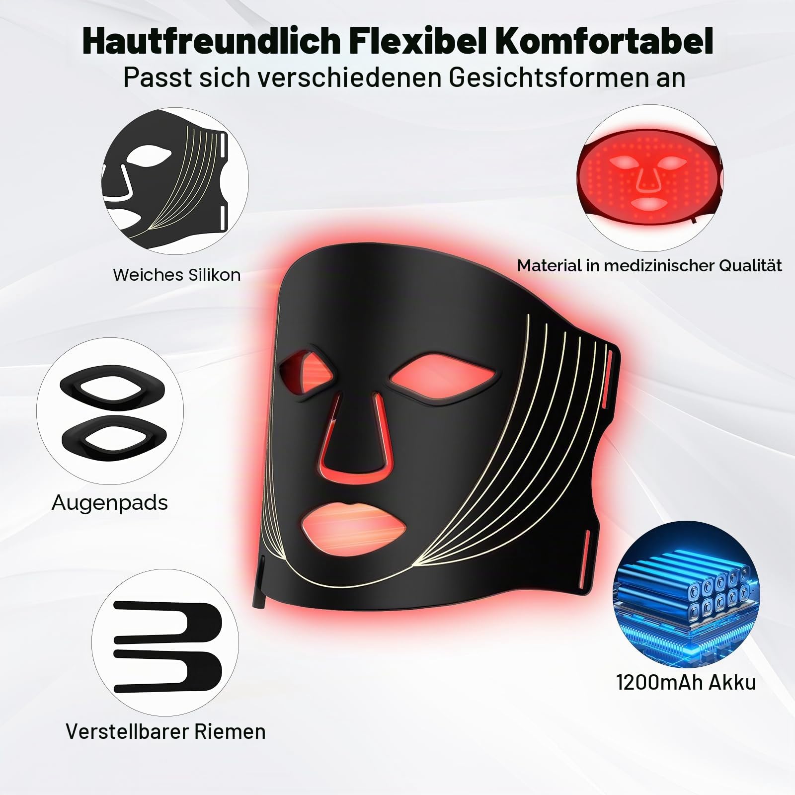 Wiederaufladbare LED Maske Gesicht，Lichttherapie Maske für den Heimgebrauch | 7 Lichtmodi | 5 Helligkeitsstufen | Flexibles Silikonmaterial | Augenschutz Design | Hautpflege