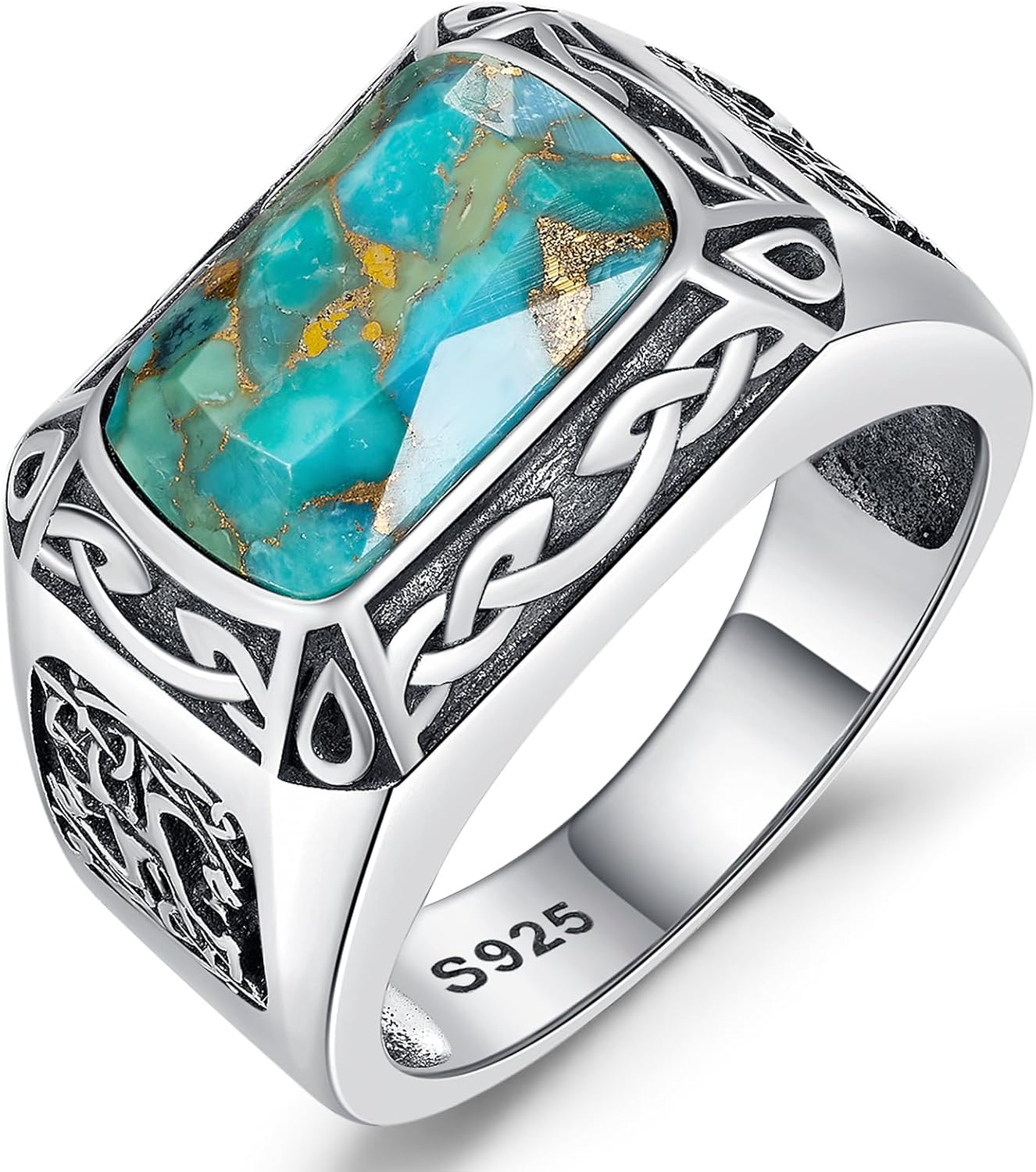 925 Sterling Silver Rings for Men, Teal Turquoise|Simulated Black Onyx Rings for Men Rings Bezel Setting Cross|Celtic Dragon|Greek Key Fashione Ring Jewelry Gift for Father Size 8-12