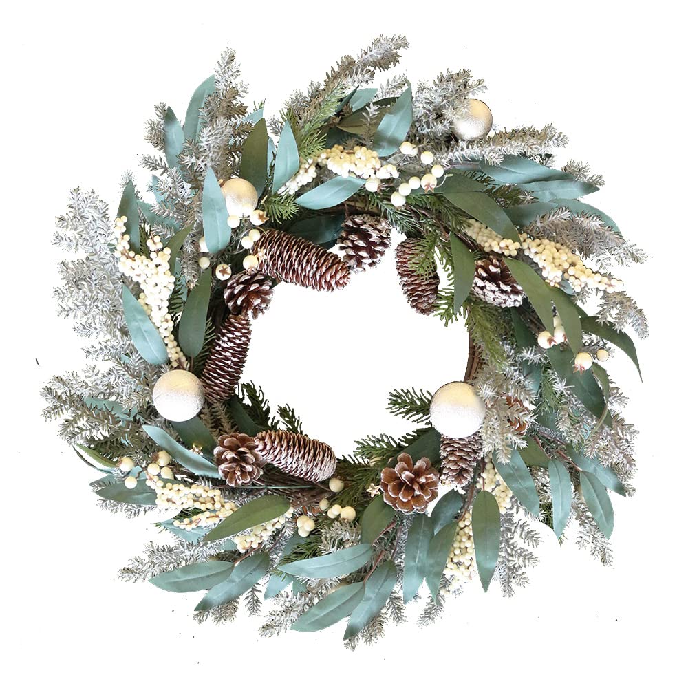 Qingbei Rina 24 Inch Christmas Wreaths for Front Door, Winter Door Wreath, Large Christmas Wreath with Pinecones and Silver Balls, Outdoor Xmas Decoration for Windows, Fireplace