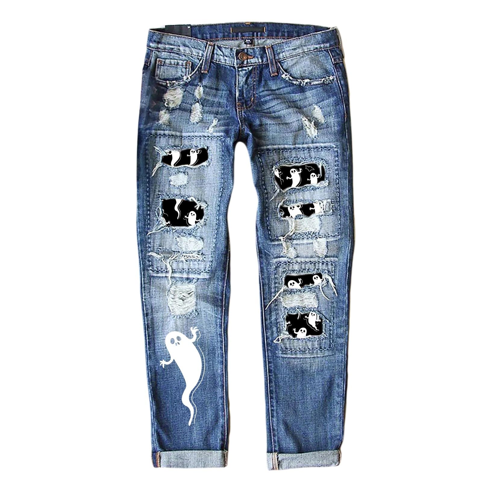 Generico Jeans Skinny Boyfriend Strappati per Halloween con Patchwork Scozzese e Design Senza Strappi