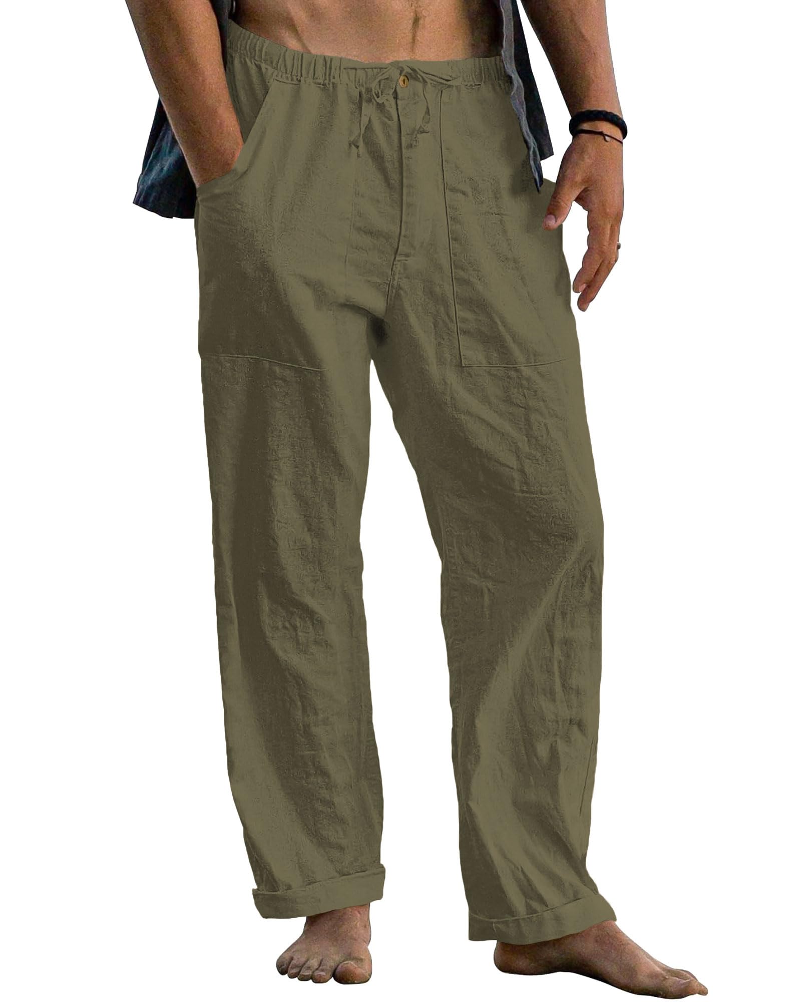 Cegerne Pantaloni in Lino Uomo Lunghi Leggeri, Pantaloni Estivi Casual con Vita Elastica e Coulisse, per Spiaggia Vacanze Medievale Vintage e Uso Quotidiano