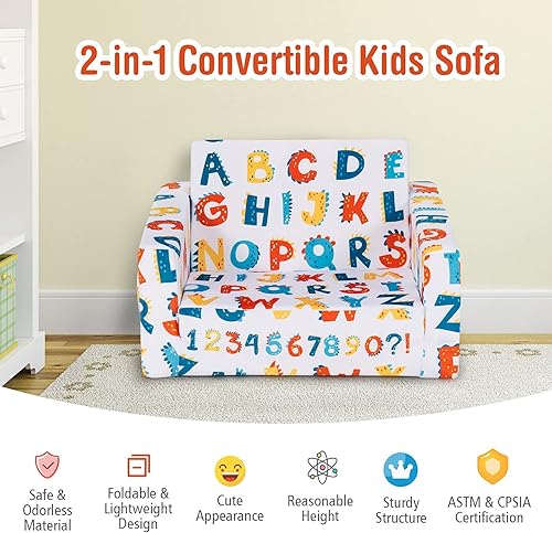 Miniatura 6 de Costzon Sofá para niños, sofá infantil abierto 2 en 1 con tela de terciopelo, bolsillos de almacenamiento, reposabrazos para niños pequeños, cama