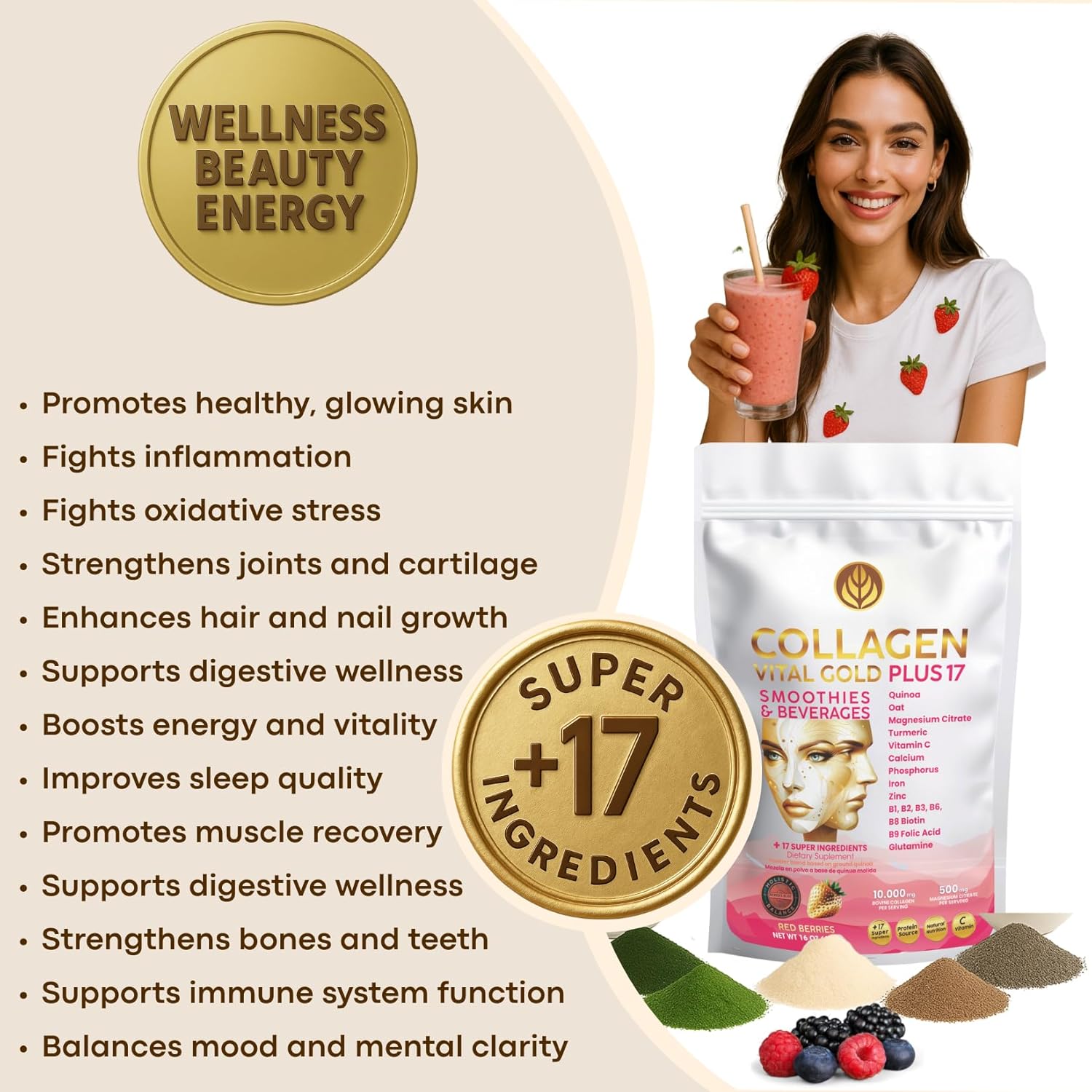 Vital Life, Collagen Peptides Powder +17 Super Ingredients, 1 lb (Pack of 12), Red Berries Flavor, Supports Hair, Skin, Nails, Bones, Joints & Digestive Health, Collagen for Women & Men.