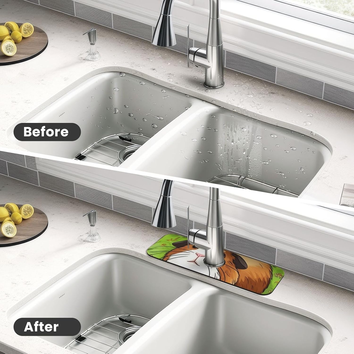 Faucet Mat for Kitchen Sink, Super Absorbent Sink Splash Guard, Fast Drying Mat Cute Smiling Sink Gadgets Splash Guard Behind Faucet Drip Catcher for Bathroom, 15"x 5.5" image 4