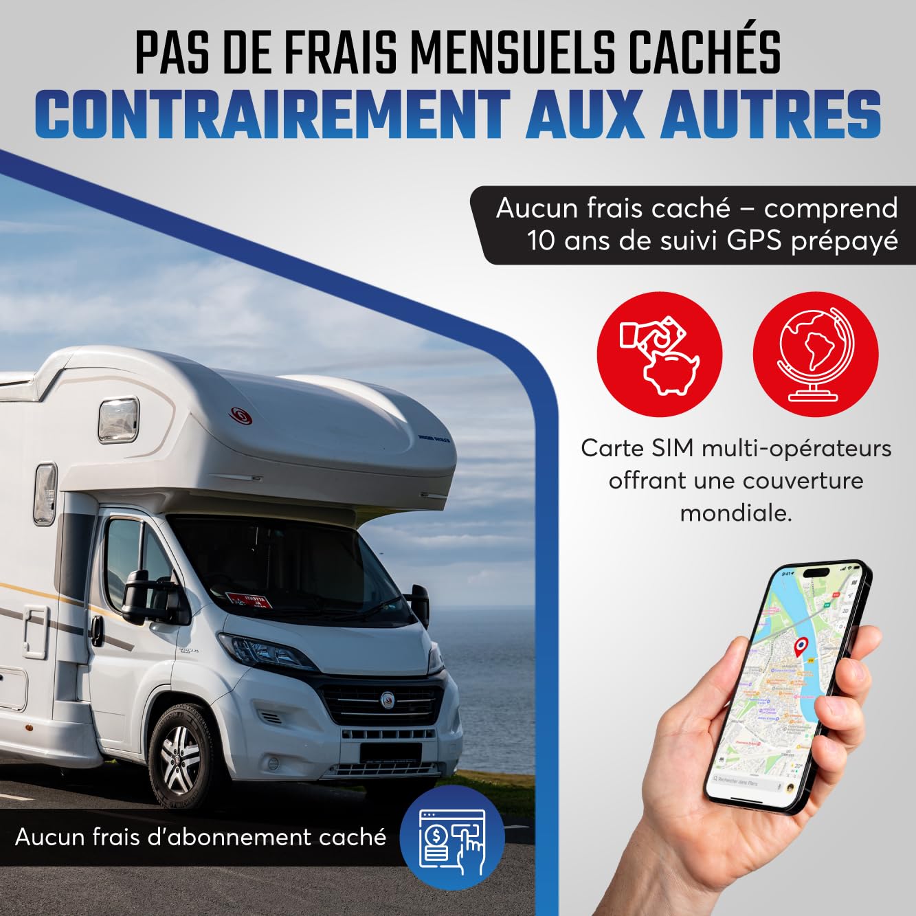 Traceur GPS sans abonnement mensuel – Pas besoin de recharge – Application et abonnement 10 ans inclus – Tracker GPS voitures, motos, camping-car, vans – Suivi en temps réel, alertes de mouvement