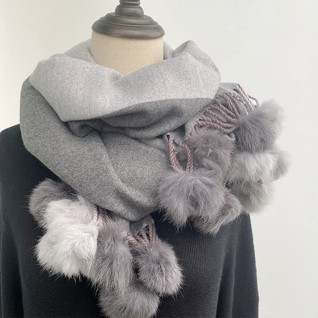 Szalik Zimowy Winter Lady Imitacja Kaszmirowy Szalik Królik Futro Pom Pom Pomien Ciepły Szal Wrap Kobiety Dwustronne Łączenie Długie Szaliki Tassel Szalik Szal(Grey)