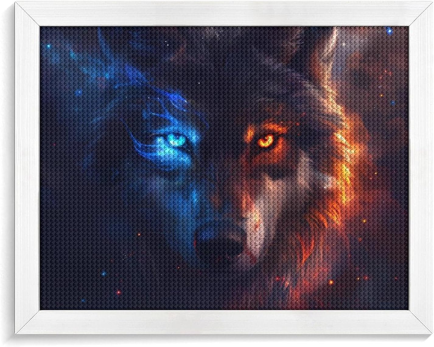 Wolf with Blue And Orange Eyes Printed Diamond 5D Painting Kit 16x20in DIY Full Drill Craft with Tools for Home Wall Decor Gift Blackwood 50 * 40cm