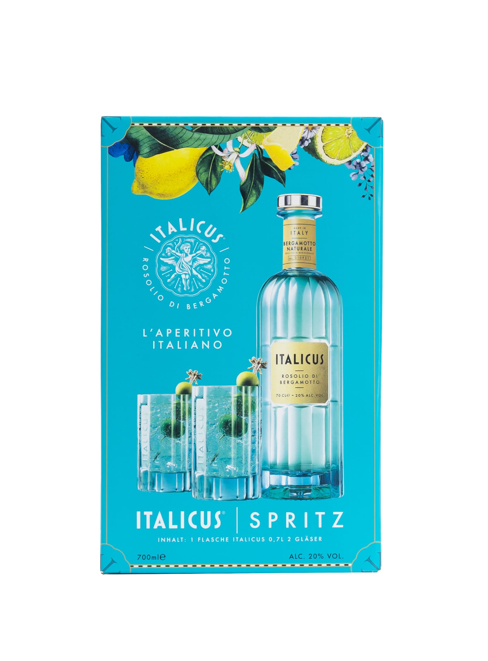 ITALICUS Rosolio di Bergamotto Likör, Geschenk-Set mit 2 Gläsern, Aperitif aus Bergamotte für Cocktails & Spritz, Premium Likör aus Italien, 1 x 0,7 L