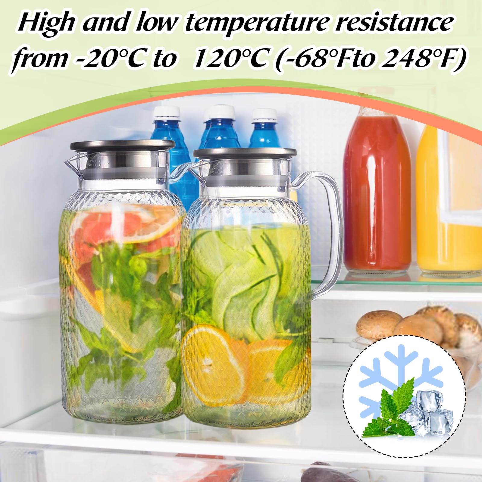 Confezione da 2 brocche in plastica da 2 litri con coperchio e manico, senza BPA, trasparente, non versano, per cocktail, succhi di frutta, acqua calda/fredda, tè, caffè, latte