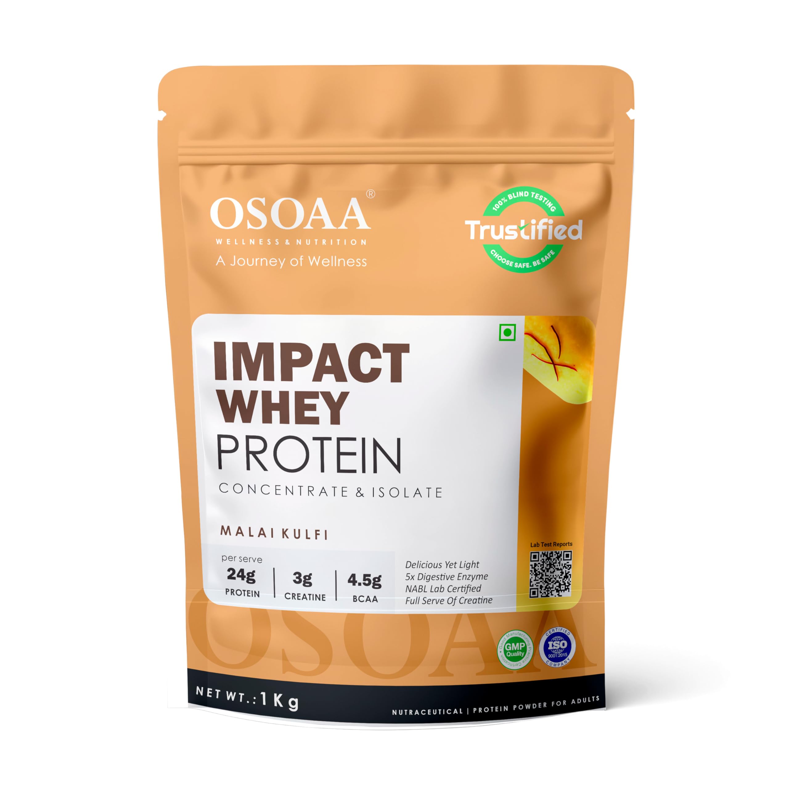 OSOAA Impact Whey Protein 1kg -Malai Kulfi| Isolate & Concentrate | 24g Protein & 3g Creatine with 5X Digestive Enzymes | Trustified Certified & NABL Lab Tested