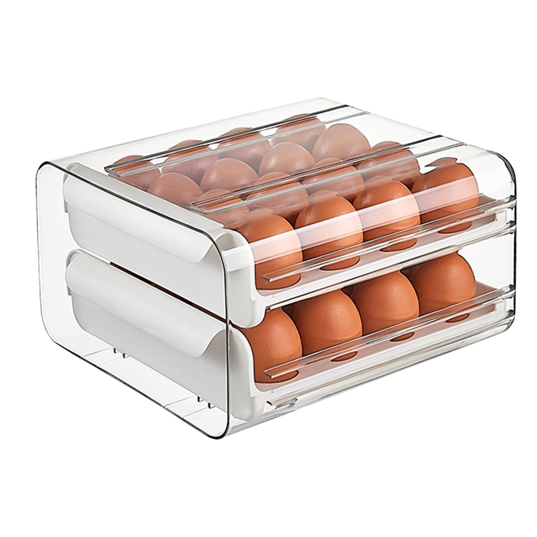 Almacenamiento de huevos para el refrigerador, 2 capas 32 cuadrículas de huevo con manijas, recipiente de almacenamiento de plástico transparente apilable y ahorrable para el refrigerador.