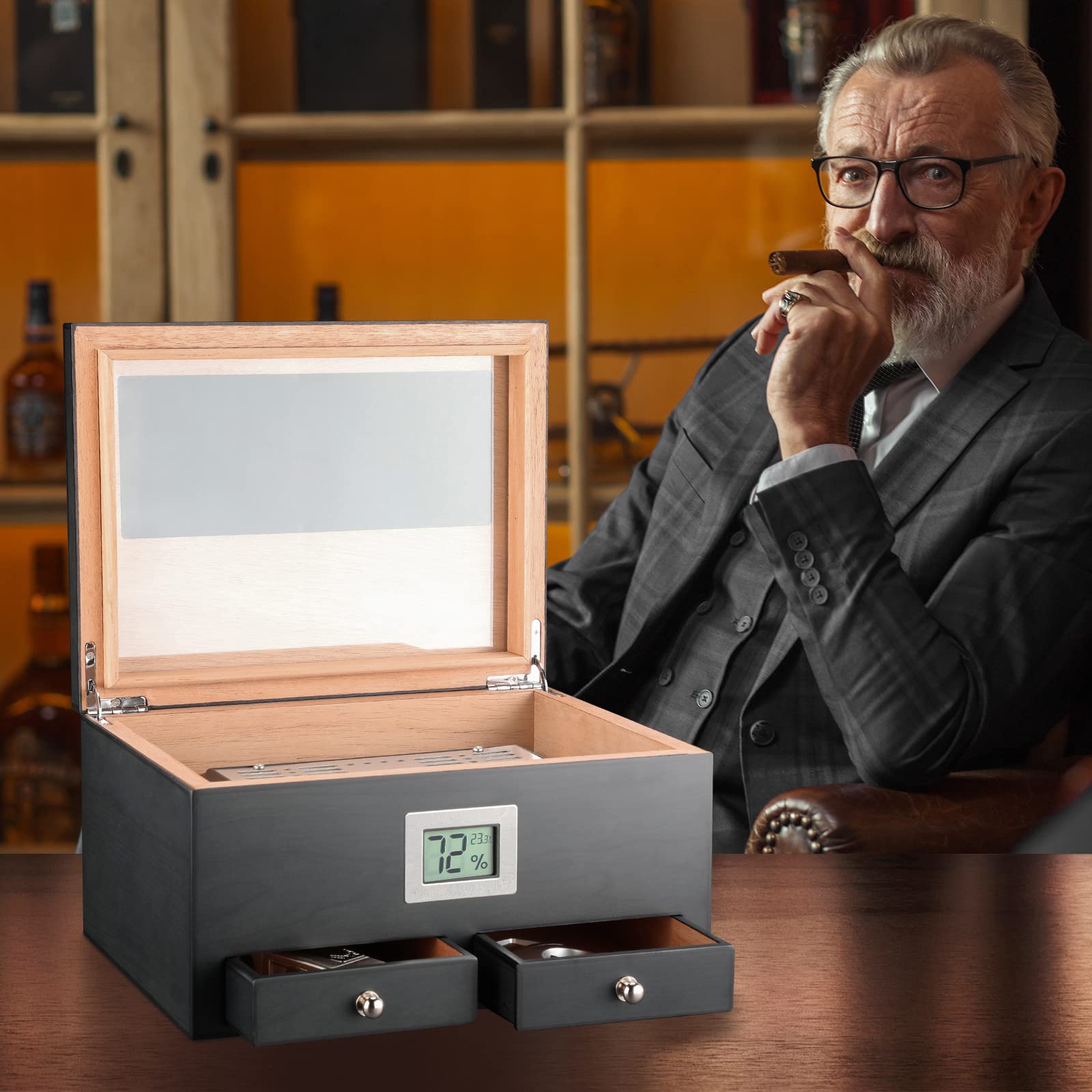 Humidificador de puros con 2 cajones, accesorios para puros, caja de madera de cedro maciza, regalos para hombres, humidificador de cristal, funda