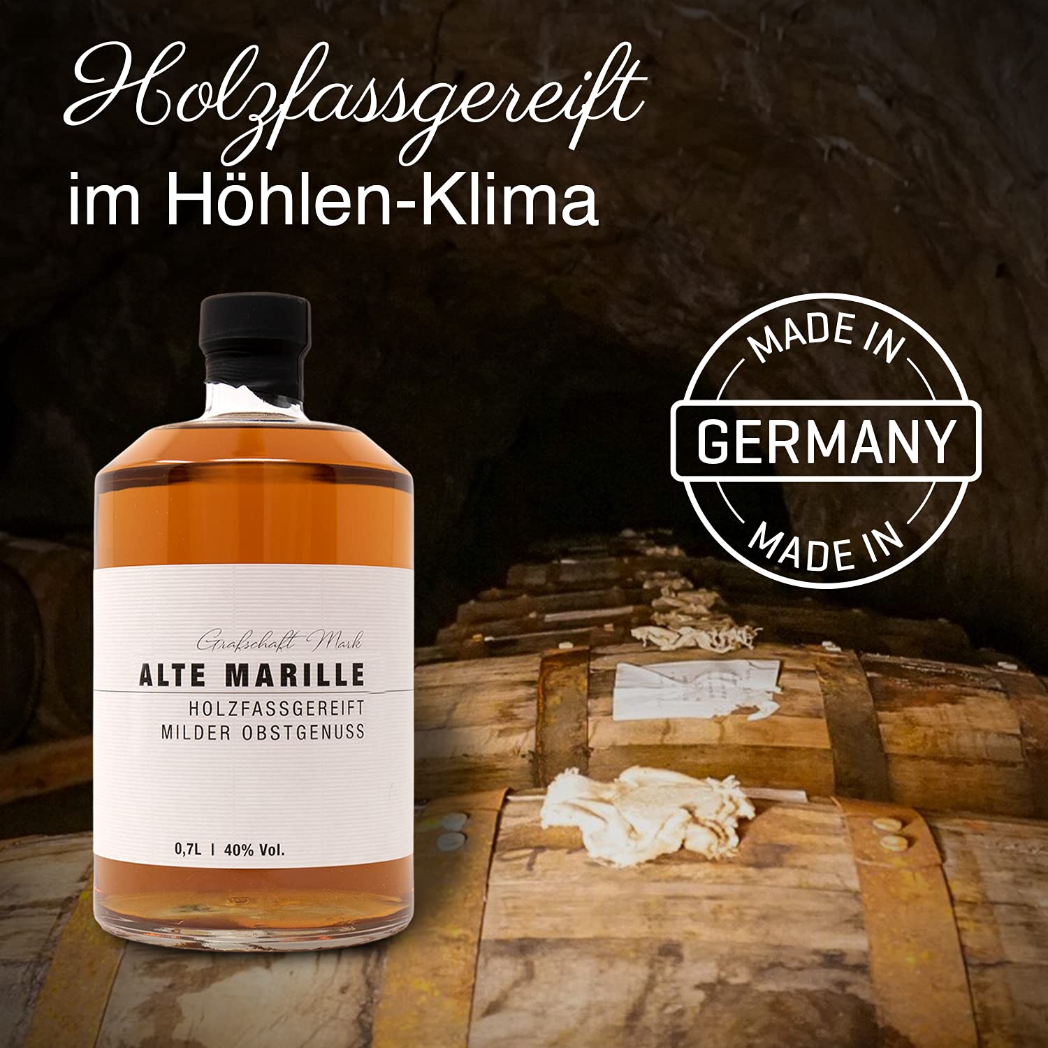 Grafschaft Mark Alte Marille Schnaps Geschenkset | 1x 0,7 L & 2x 0,02 L | 40% Alkohol | edle Holzbox mit Marillenbrand, Birnenbrand, Haselnussbrand | Obstler im Holzfass gelagert | Schnaps Geschenk