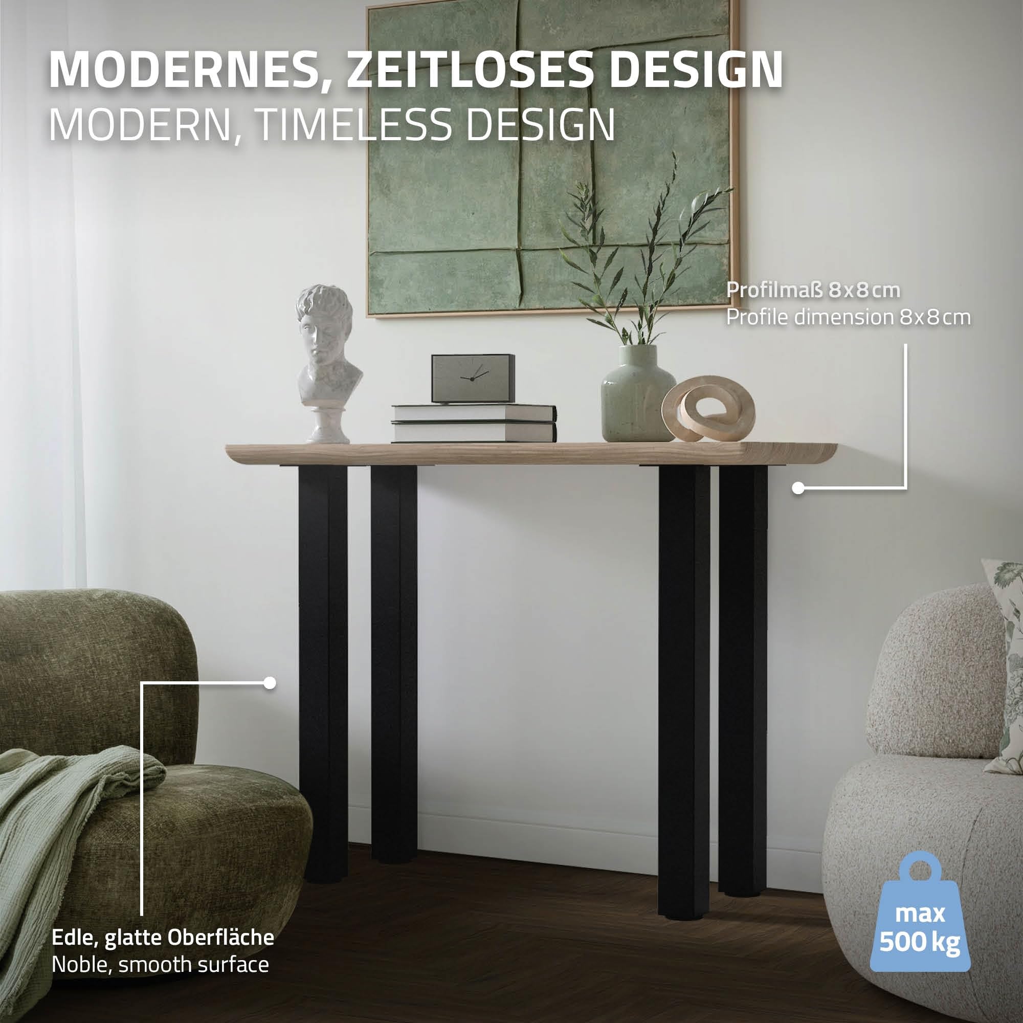 ML-Design Juego de 4 Patas de Mesa 90cm Negro Brillante de Acero con Recubrimiento en Polvo, Perfil 8x8cm, Pies Regulables en Altura 1-4 cm para Muebles, Mesitas de Centro, Bancos o Aparadores