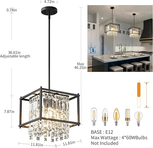 Miniatura 82 de LMQNINE Modernas lámparas colgantes negras para isla de cocina, lámpara de araña de cristal, iluminación colgante ajustable de granja para comedor