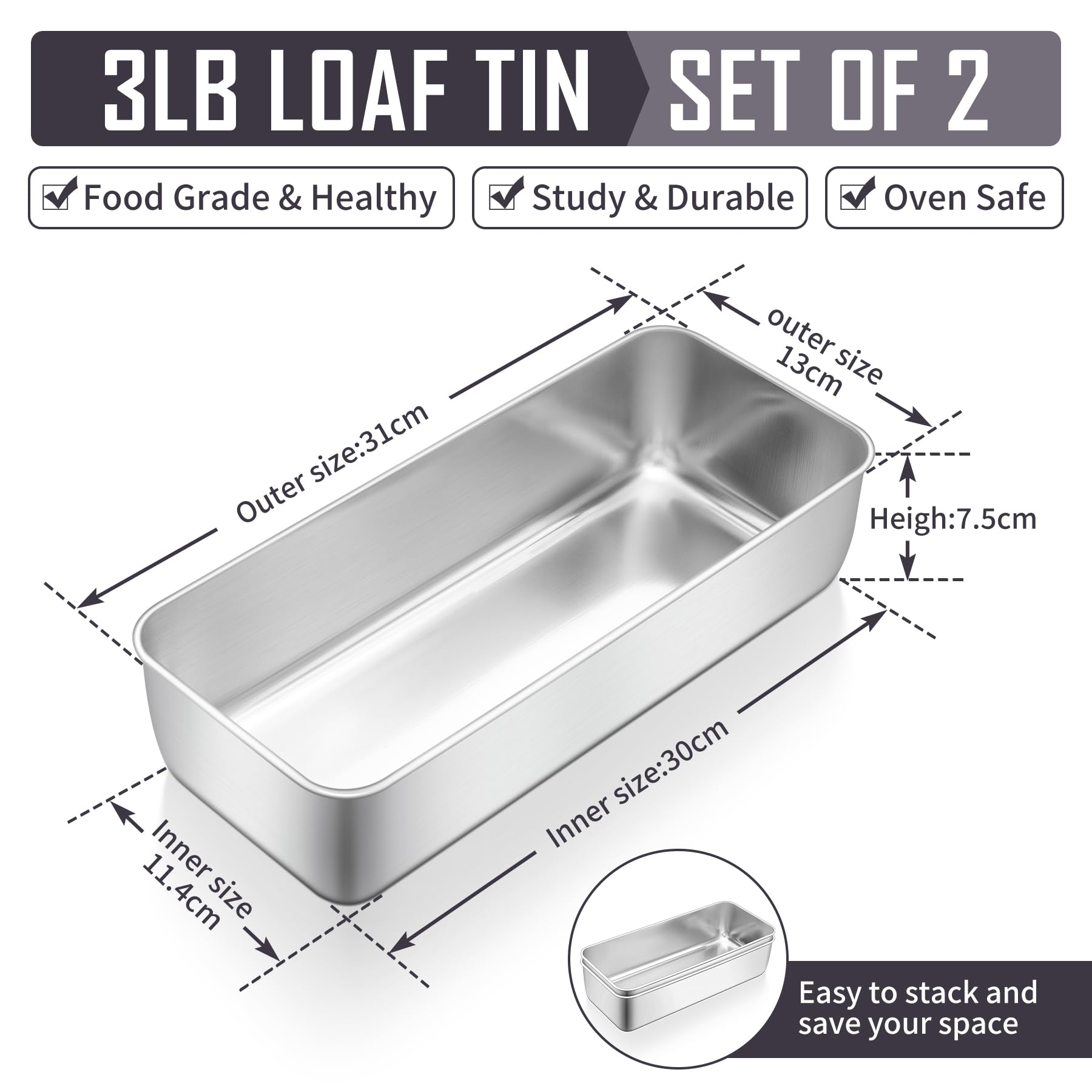 HaWare Lot de 2 grands moules à pain en acier inoxydable de 1,4 kg pour pain banane/gâteau/pains/lasagnes, 31 x 13 x 7,5 cm, sain et durable, passe au four et au lave-vaisselle