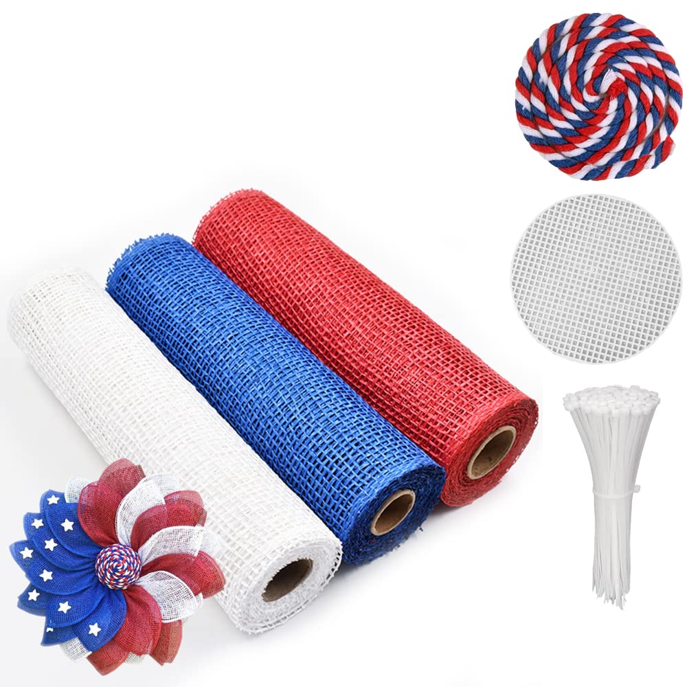 Poly Burlap Deco Mesh Rolls Kit for DIY July 4th Independence Day Wreath Patriotic American Flag Sunflower Wreath (A)