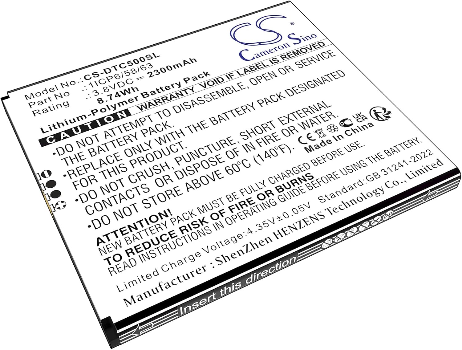 Cameron Sino Battery for DATECS BlueCase 50, BluePad 5500 Plus PN:DATECS 1ICP6/58/63 2300mAh / 8.74Wh