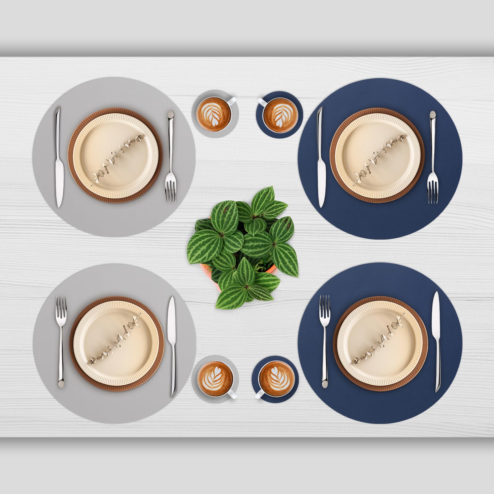 Myir JUN Round Table Placemats Set of 6 Faux Leather Place Mats and Coasters 15 inch Round Dual Sided Placemats Non-Slip Wipe Clean Stain Resistant (Blue Gray,Set of 6) - Image 2