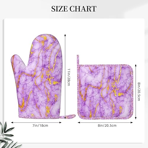 Miniatura 3 de Juego de guantes de horno y soportes para ollas de mármol dorado morado, guantes de horno de silicona antideslizantes resistentes al calor, guantes