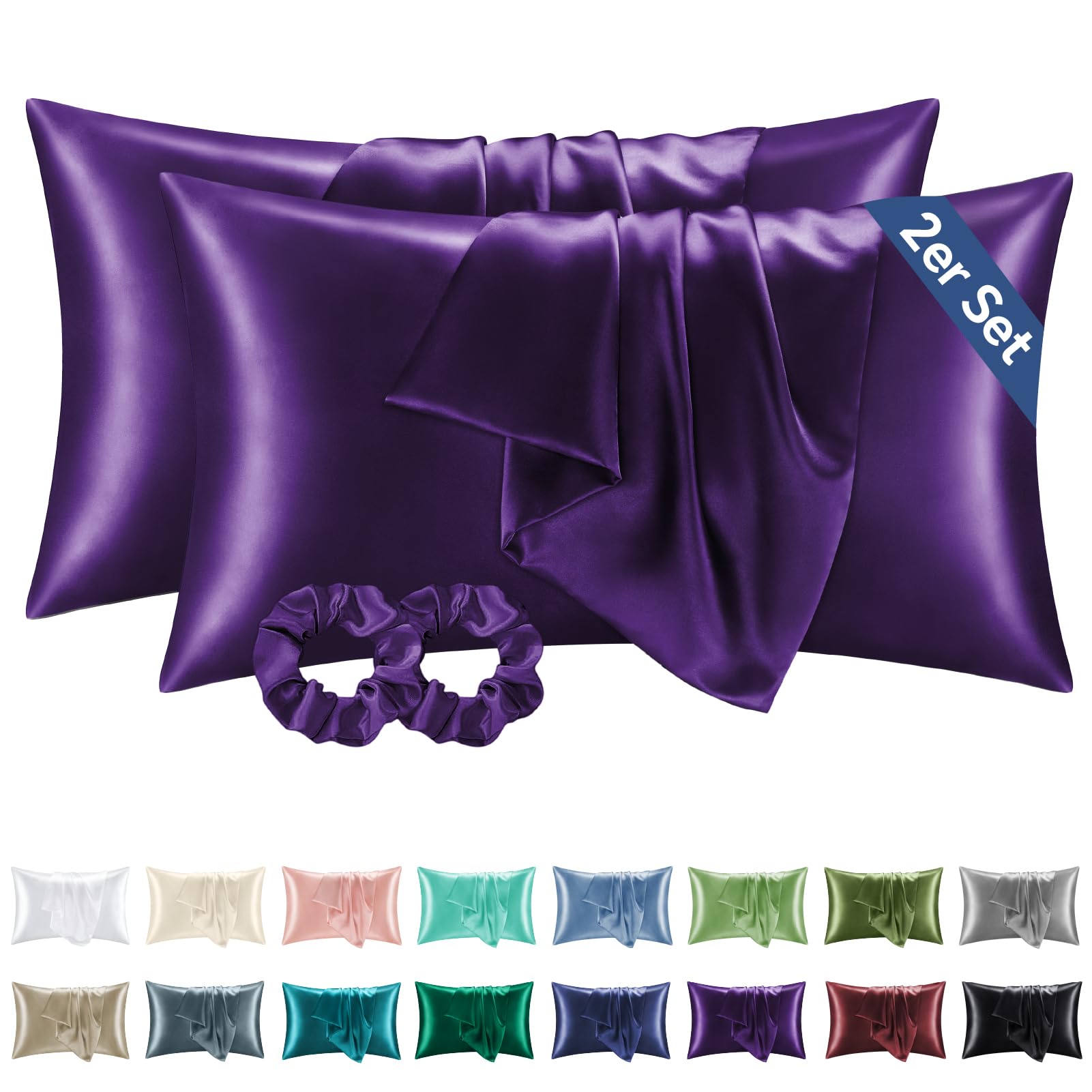 BEDELITE Satin Kissenbezug 40 x 80 Lila - Kopfkissenbezug 2er Set Weich wie Seidenkissenbezug 40x80 Sommer mit 2 Haargummis für Haar und Haut, Similar to Silk Pillowcase Pillow Cover