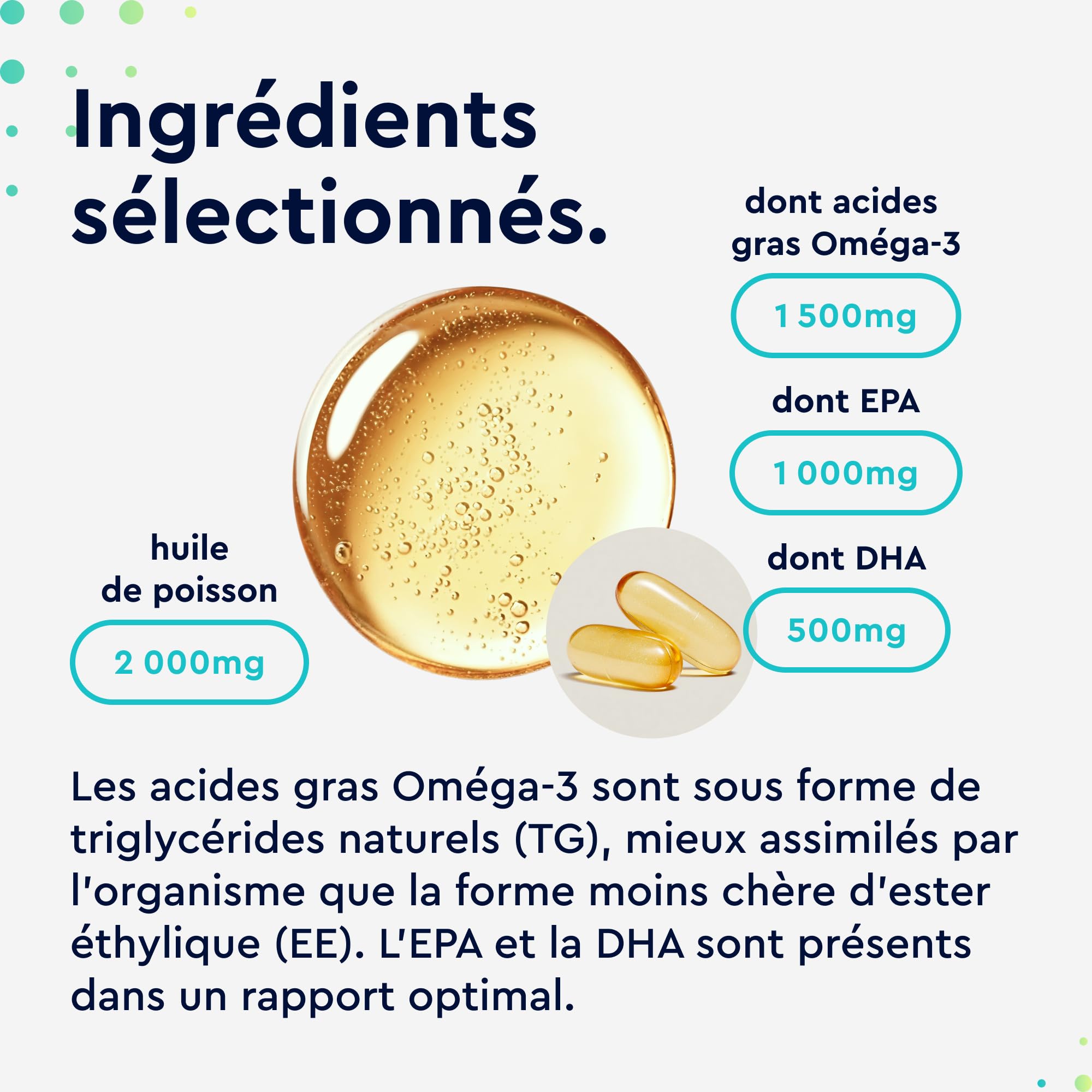Omega 3 2000 mg Huile de Poissons Sauvages, Oméga 3 sous Forme Triglycérides Réestérifiées rTG, 1000mg EPA + 500mg DHA, Gélules Fortement Dosées, Source d'Acides Gras Essentiels, Sans Odeur